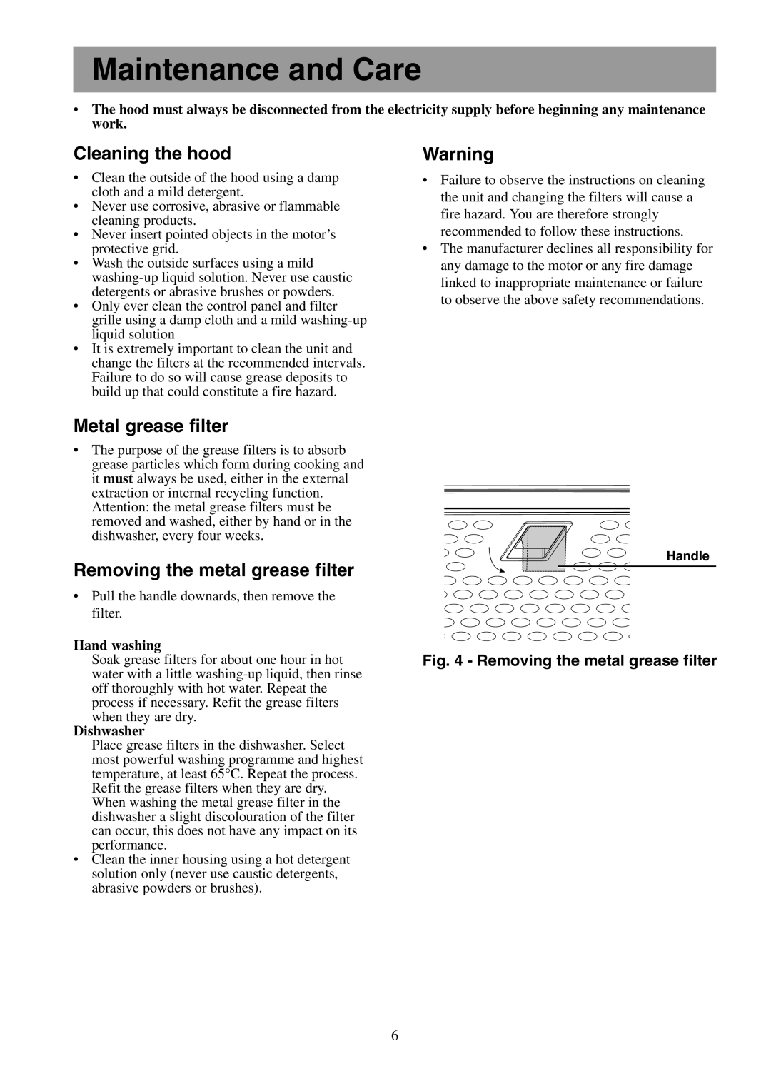 Electrolux EFC 980 Maintenance and Care, Cleaning the hood, Metal grease filter, Removing the metal grease filter 