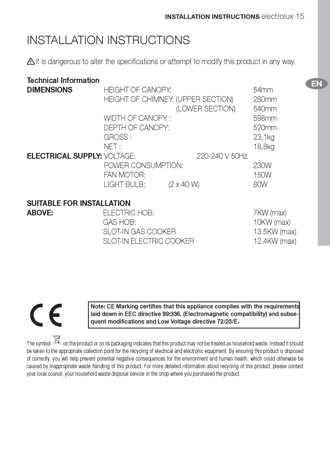 Electrolux EFC70710 user manual Installation Instructions, Dimensions 