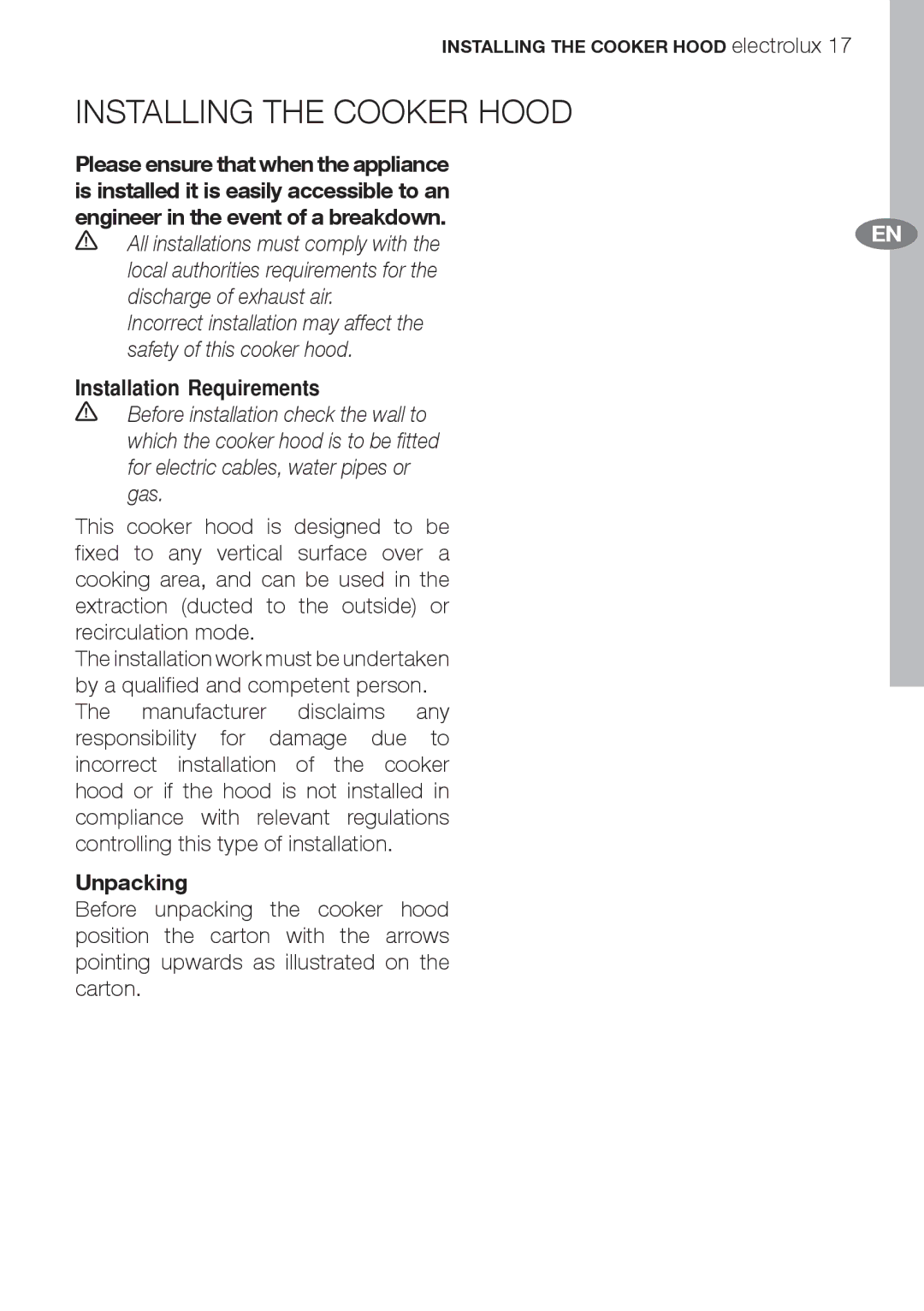 Electrolux EFC70710 user manual Installing the Cooker Hood, Installation Requirements, Unpacking 