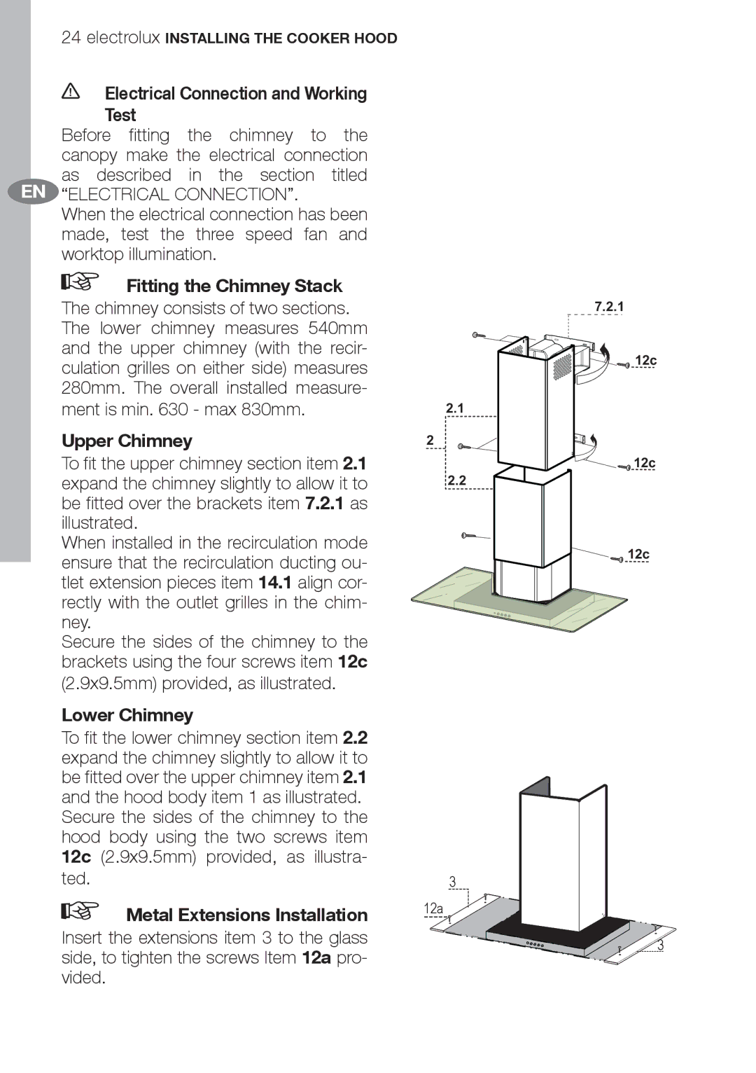 Electrolux EFC70710 Electrical Connection and Working Test, Fitting the Chimney Stack, Upper Chimney, Lower Chimney 