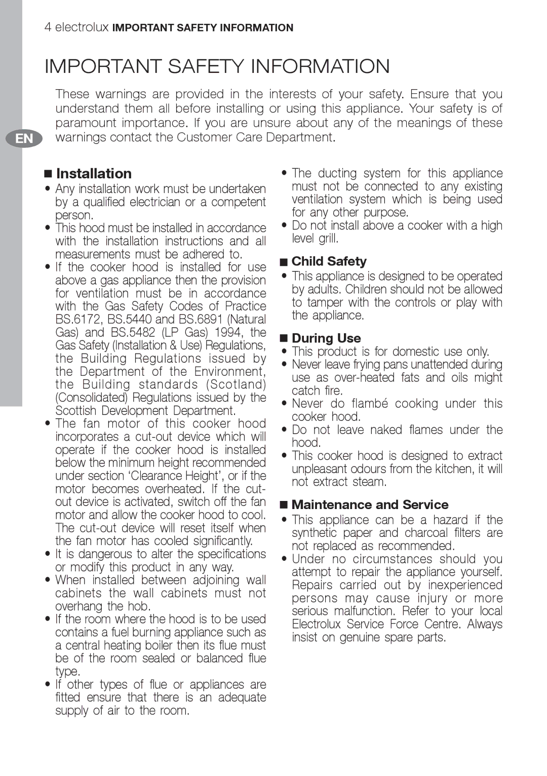 Electrolux EFC70710 Important Safety Information, Installation, Child Safety, During Use, Maintenance and Service 