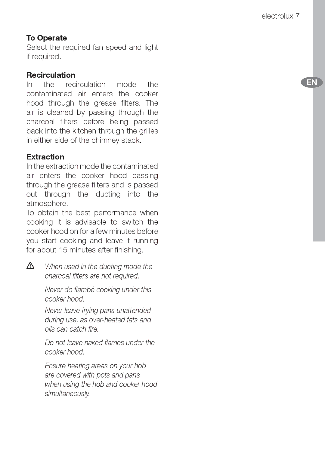 Electrolux EFC70710 user manual To Operate, Recirculation, Extraction 