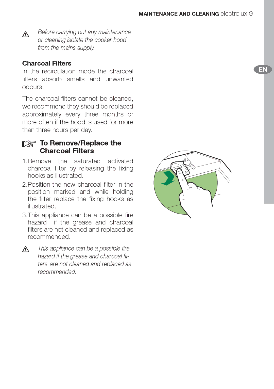 Electrolux EFC70710 user manual To Remove/Replace the Charcoal Filters 