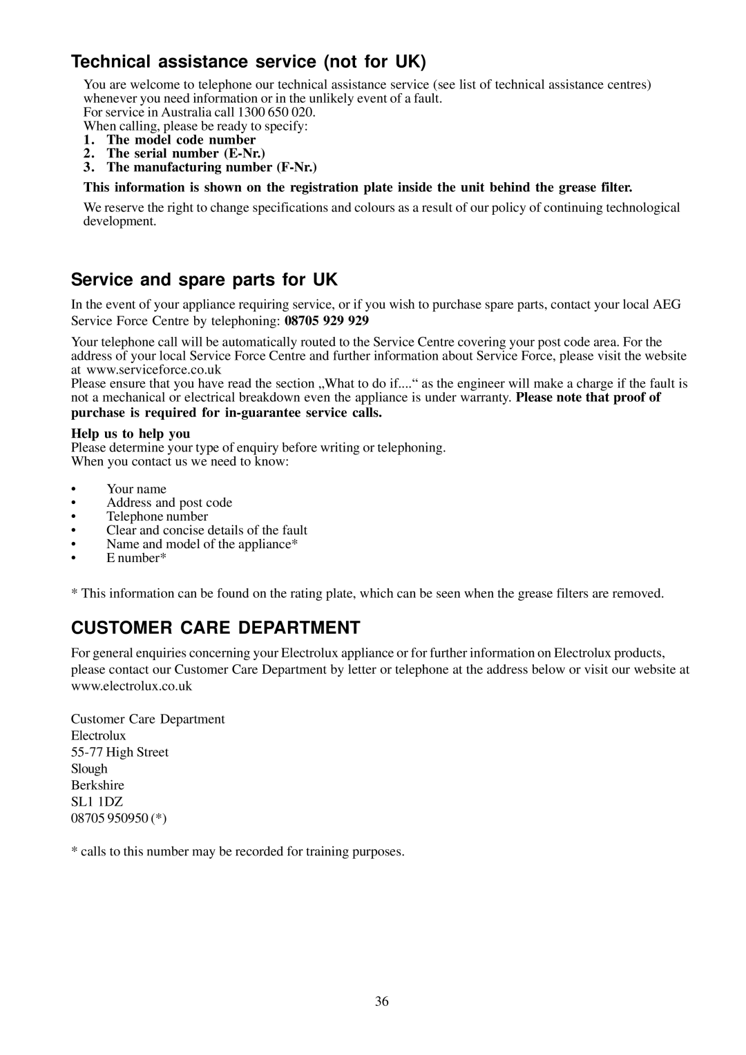 Electrolux EFC950, EFC9405, EFC9410, EFC650, EFC6410 Technical assistance service not for UK, Service and spare parts for UK 