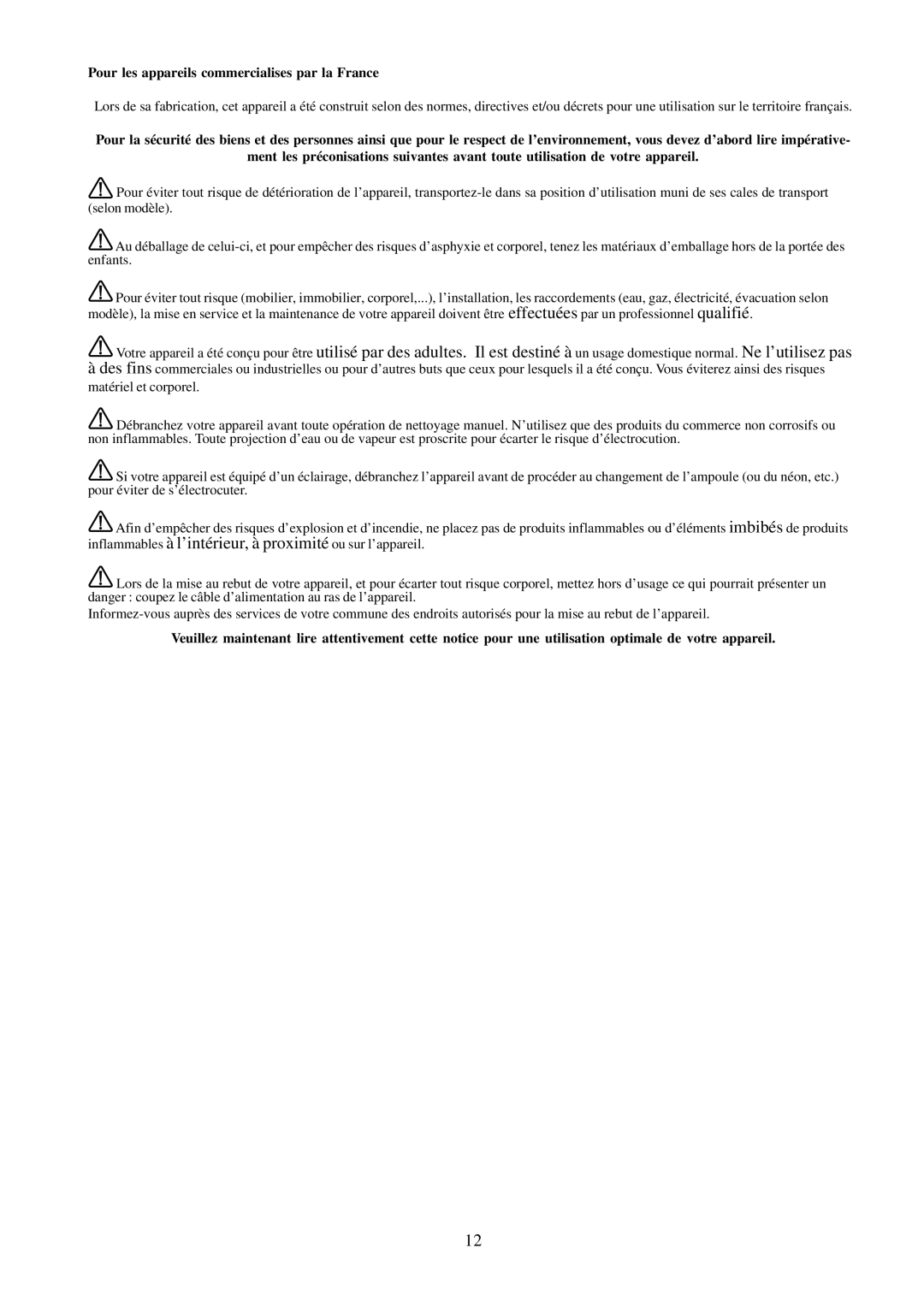 Electrolux EFCL 650-EFC 12011, EFC 650-950-600-900, CH600-900 user manual Pour les appareils commercialises par la France 