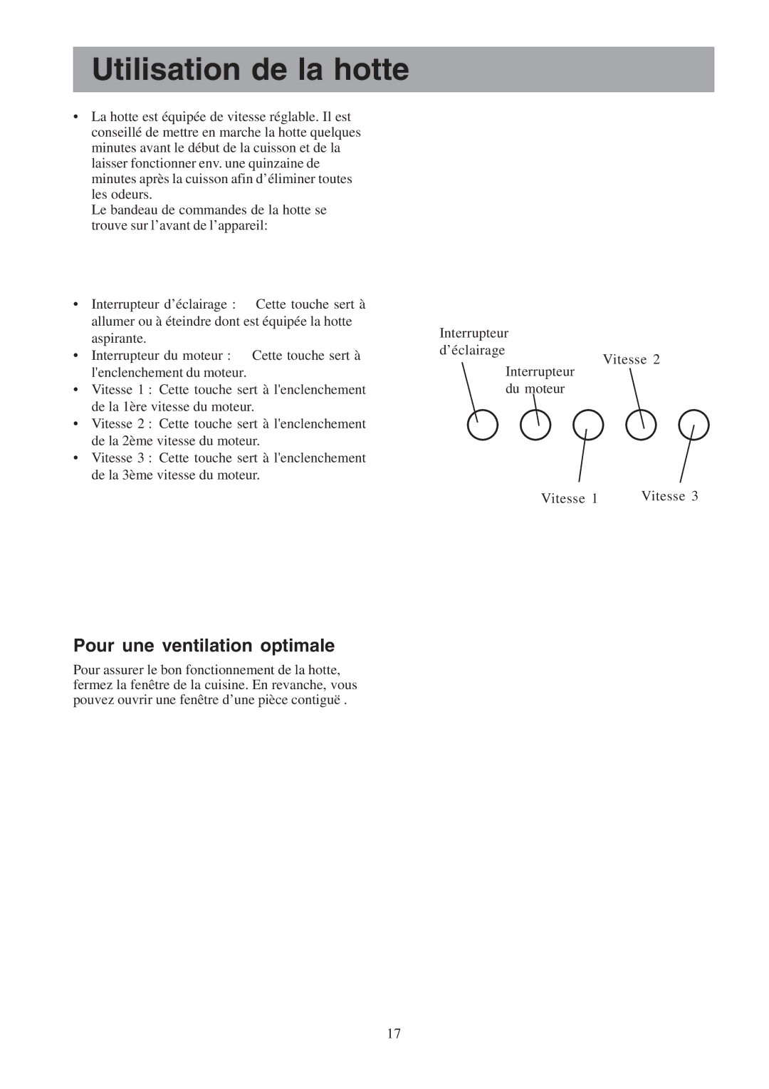 Electrolux EFC 650-950-600-900, EFCL 650-EFC 12011, CH600-900 Utilisation de la hotte, Pour une ventilation optimale 