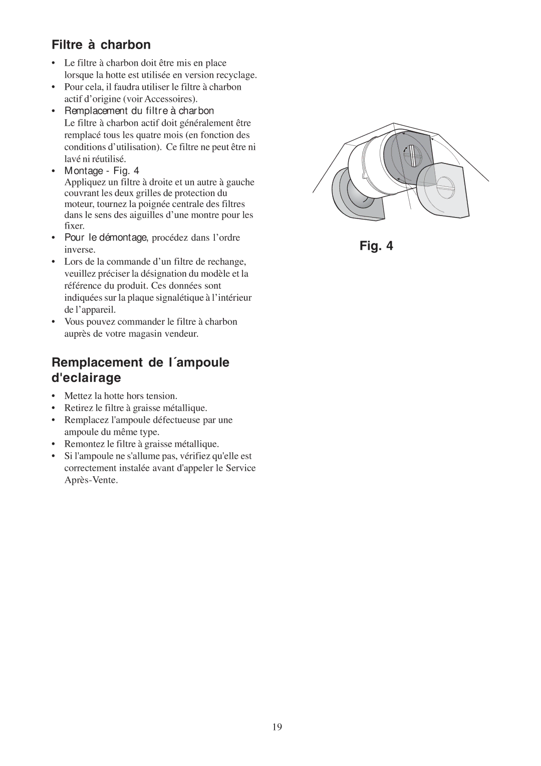 Electrolux CH600-900 Filtre à charbon, Remplacement de l´ampoule declairage, Remplacement du filtre à charbon, Montage Fig 