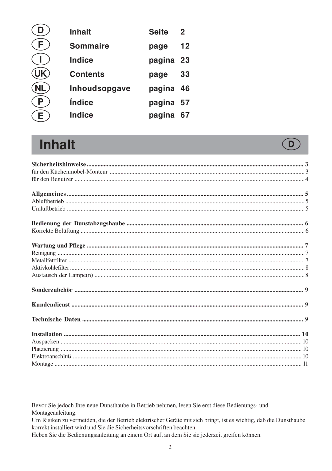 Electrolux EFCL 650-EFC 12011, EFC 650-950-600-900, CH600-900 user manual Inhalt, Aktivkohlefilter 