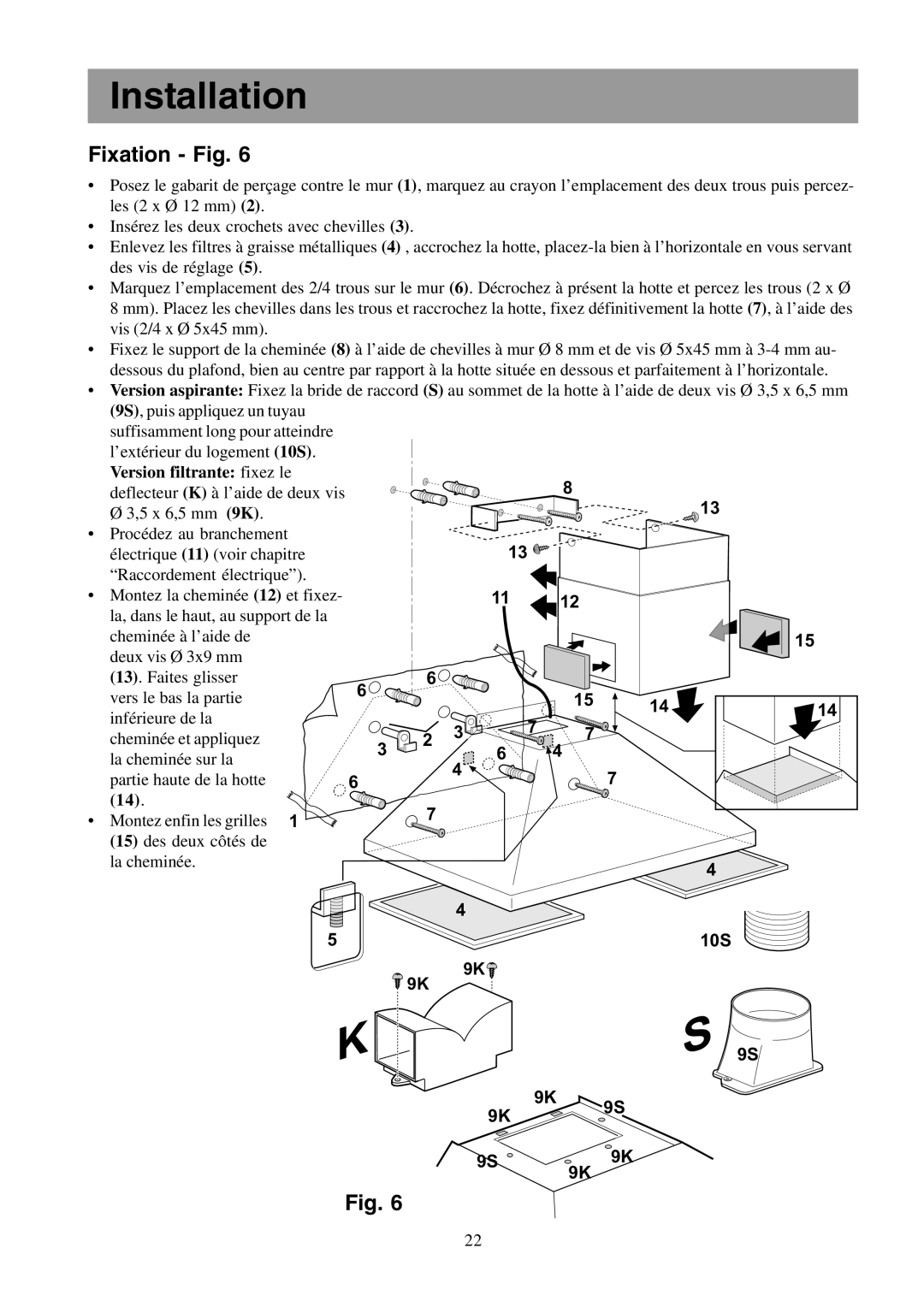 Electrolux EFCL 650-EFC 12011, EFC 650-950-600-900, CH600-900 user manual Fixation Fig, Version filtrante fixez le 