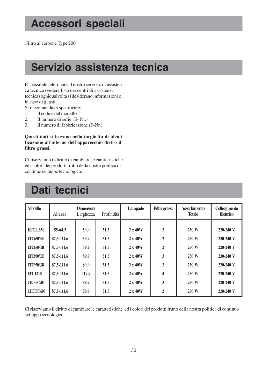 Electrolux EFCL 650-EFC 12011, EFC 650-950-600-900 Accessori speciali, Servizio assistenza tecnica, Dati tecnici 