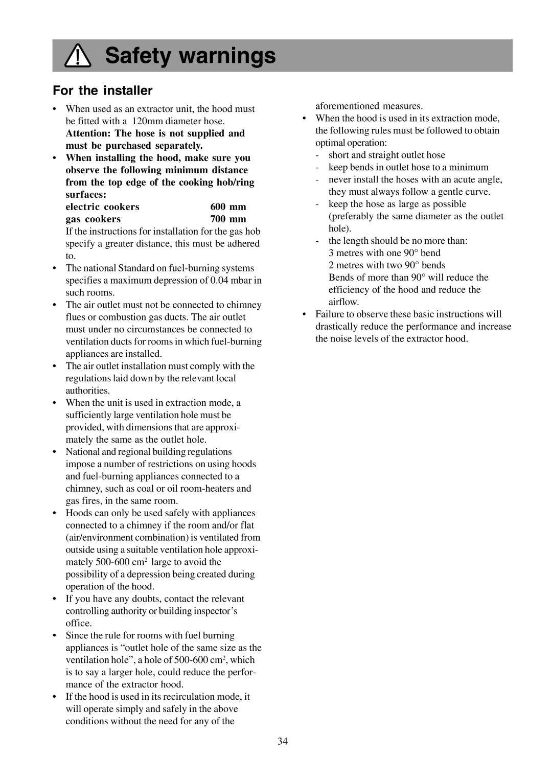 Electrolux EFCL 650-EFC 12011, EFC 650-950-600-900, CH600-900 user manual Safety warnings, For the installer 