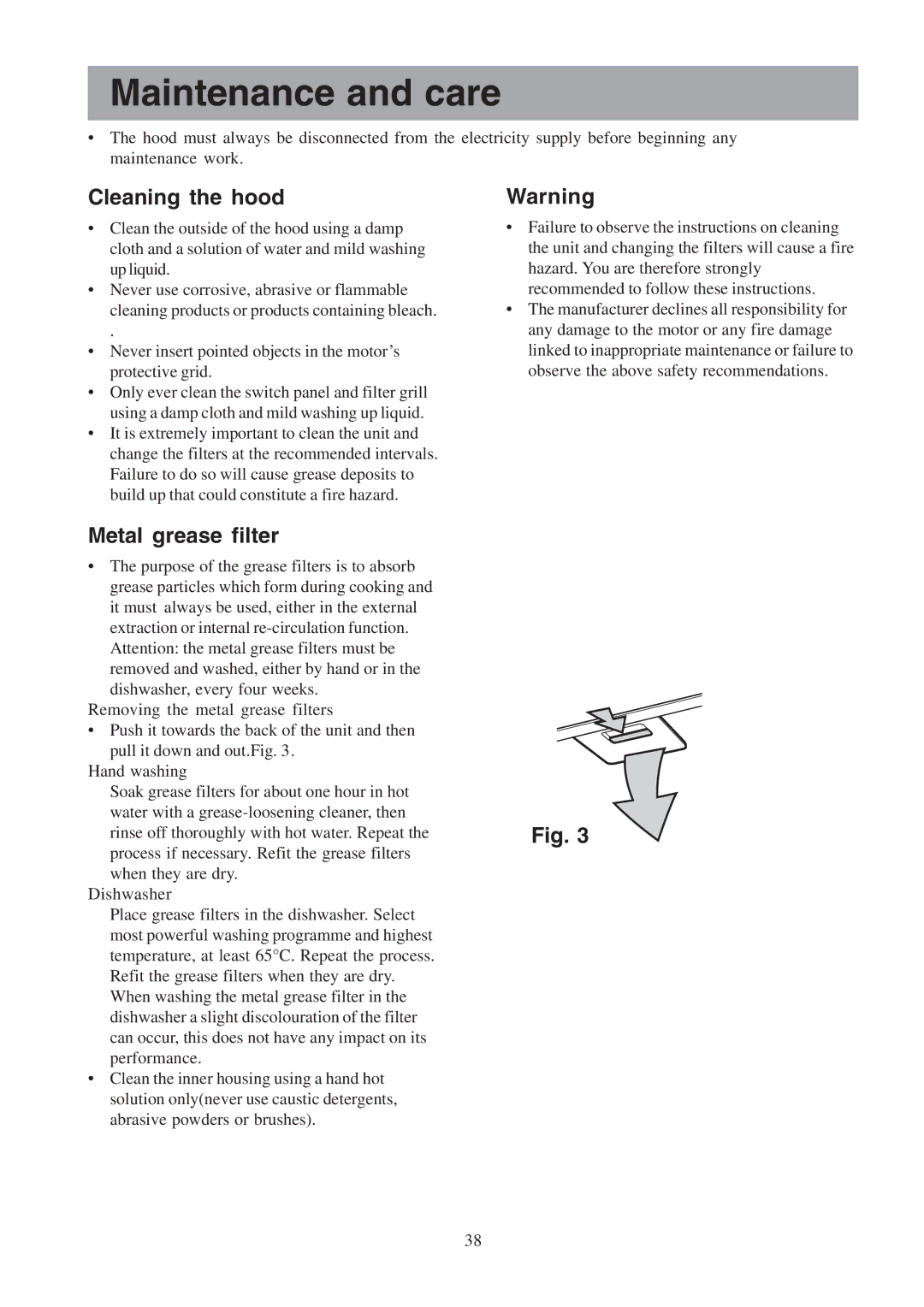 Electrolux EFCL 650-EFC 12011, EFC 650-950-600-900 Maintenance and care, Cleaning the hood, Metal grease filter 