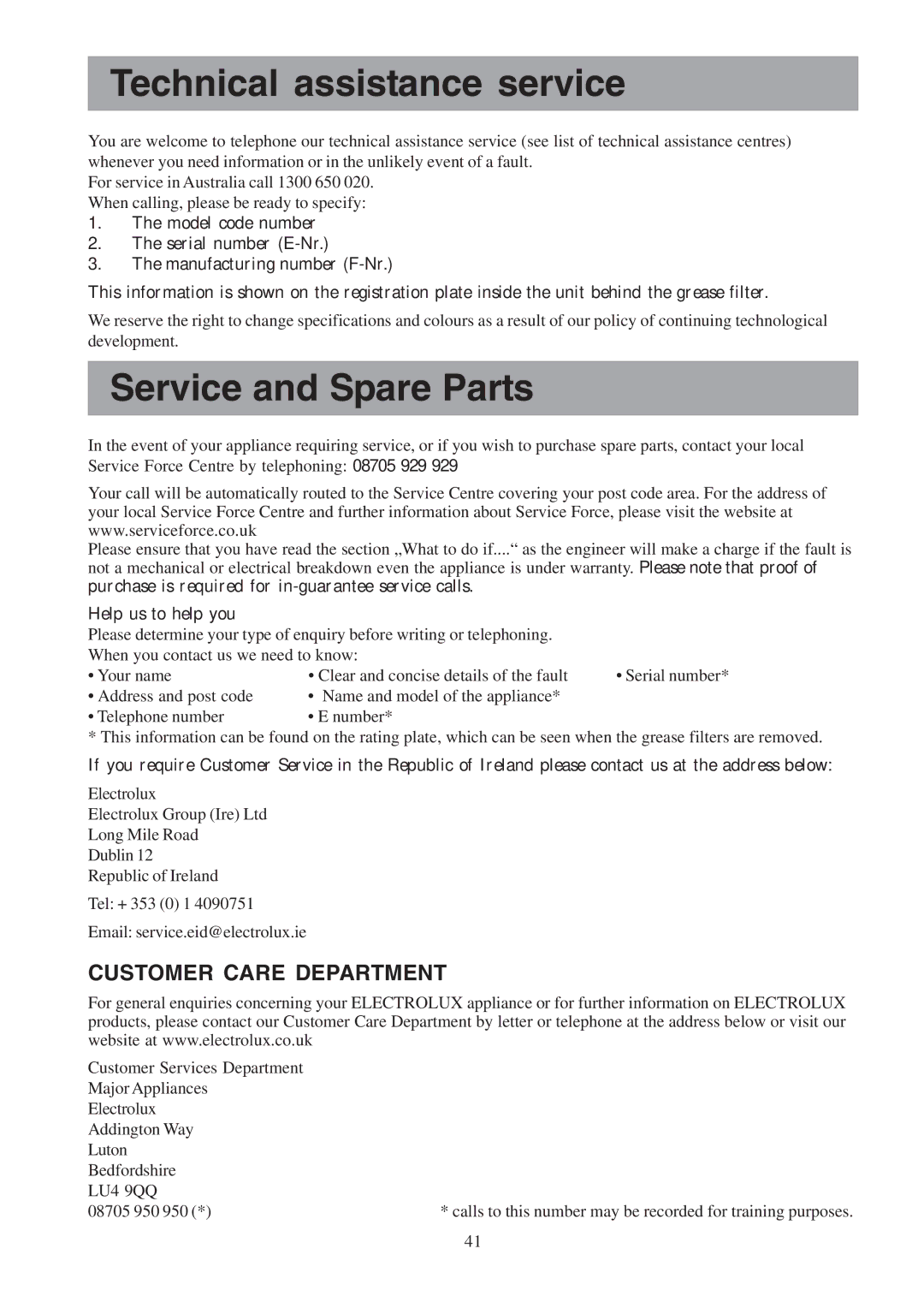 Electrolux EFC 650-950-600-900, EFC 12011 Technical assistance service, Service and Spare Parts, Help us to help you 