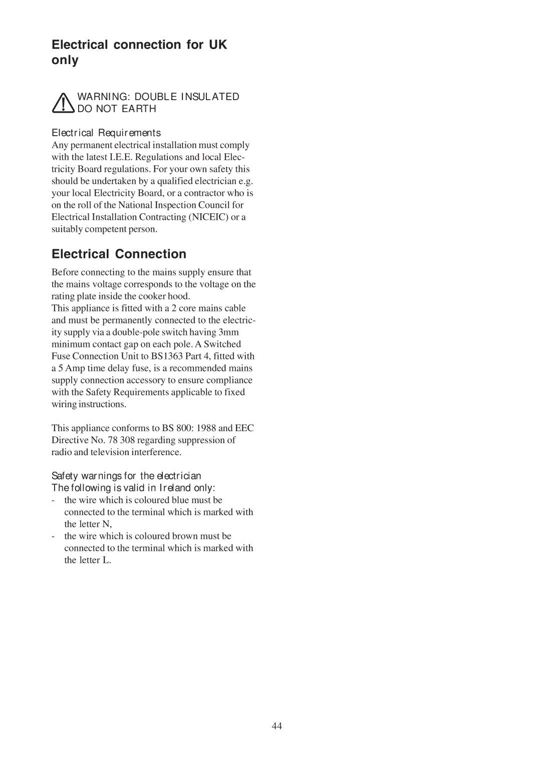 Electrolux EFCL 650-EFC 12011, CH600-900 Electrical connection for UK only, Electrical Connection, Electrical Requirements 