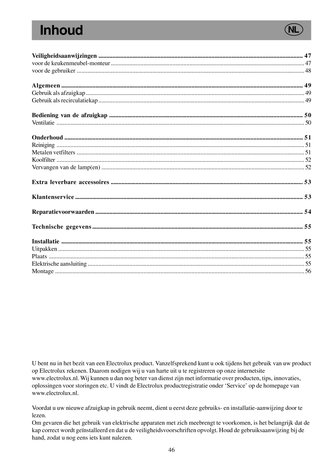 Electrolux EFCL 650-EFC 12011, EFC 650-950-600-900, CH600-900 user manual Inhoud 