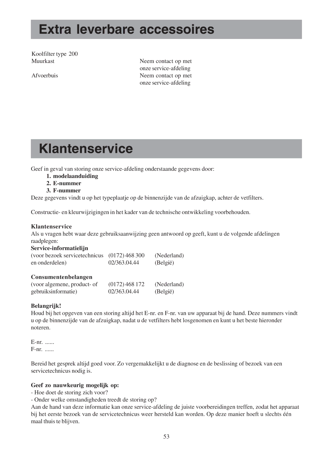 Electrolux EFC 650-950-600-900, EFCL 650-EFC 12011, CH600-900 user manual Extra leverbare accessoires, Klantenservice 