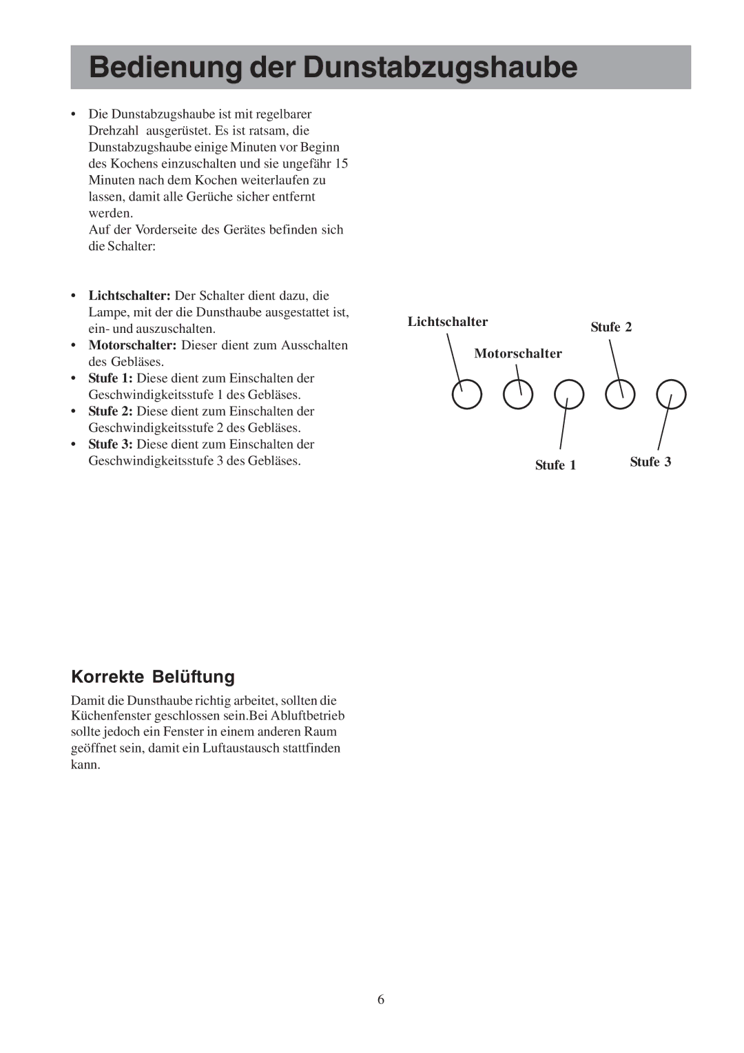 Electrolux EFC 12011, CH600-900 Bedienung der Dunstabzugshaube, Korrekte Belüftung, Lichtschalter, Motorschalter Stufe 