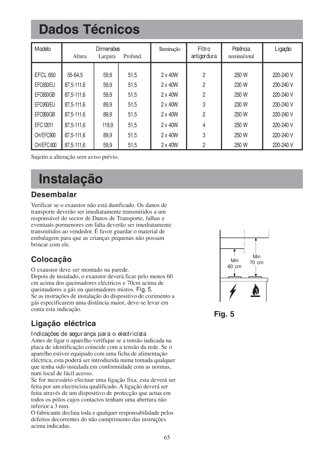 Electrolux EFC 650-950-600-900, EFCL 650-EFC 12011 Dados Técnicos, Instalação, Desembalar, Colocação, Ligação eléctrica 