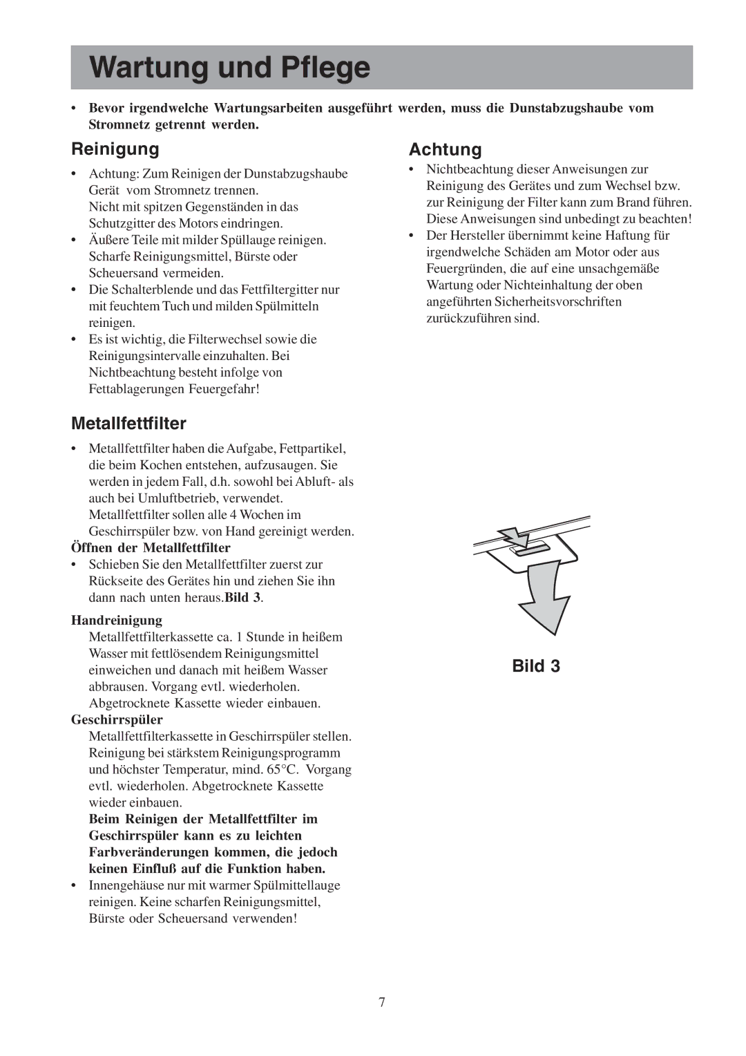 Electrolux CH600-900, EFCL 650-EFC 12011, EFC 650-950-600-900 Wartung und Pflege, Reinigung, Achtung, Metallfettfilter 