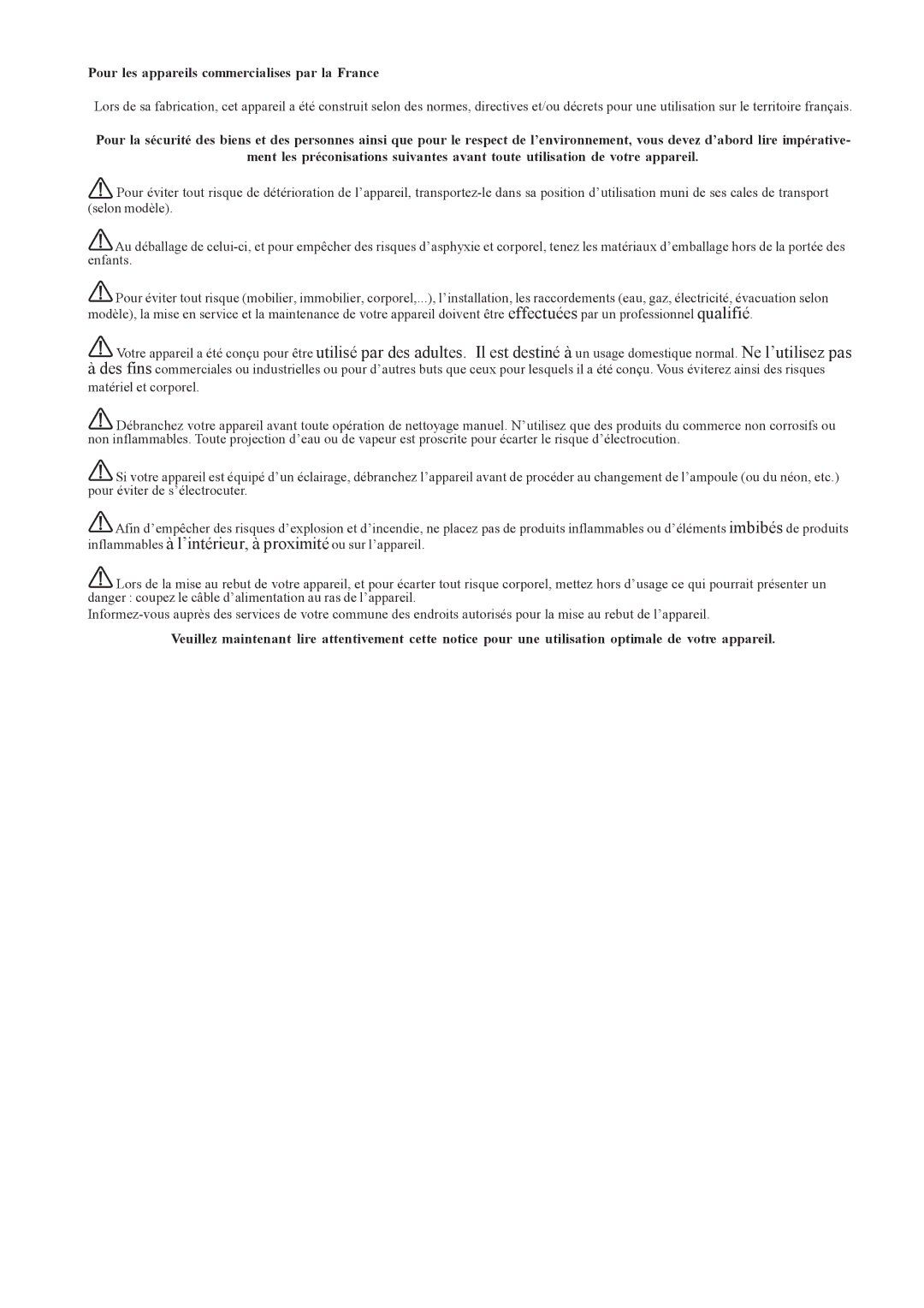 Electrolux EFCL650, EFC650-950, CH1200-600-900 user manual Pour les appareils commercialises par la France 