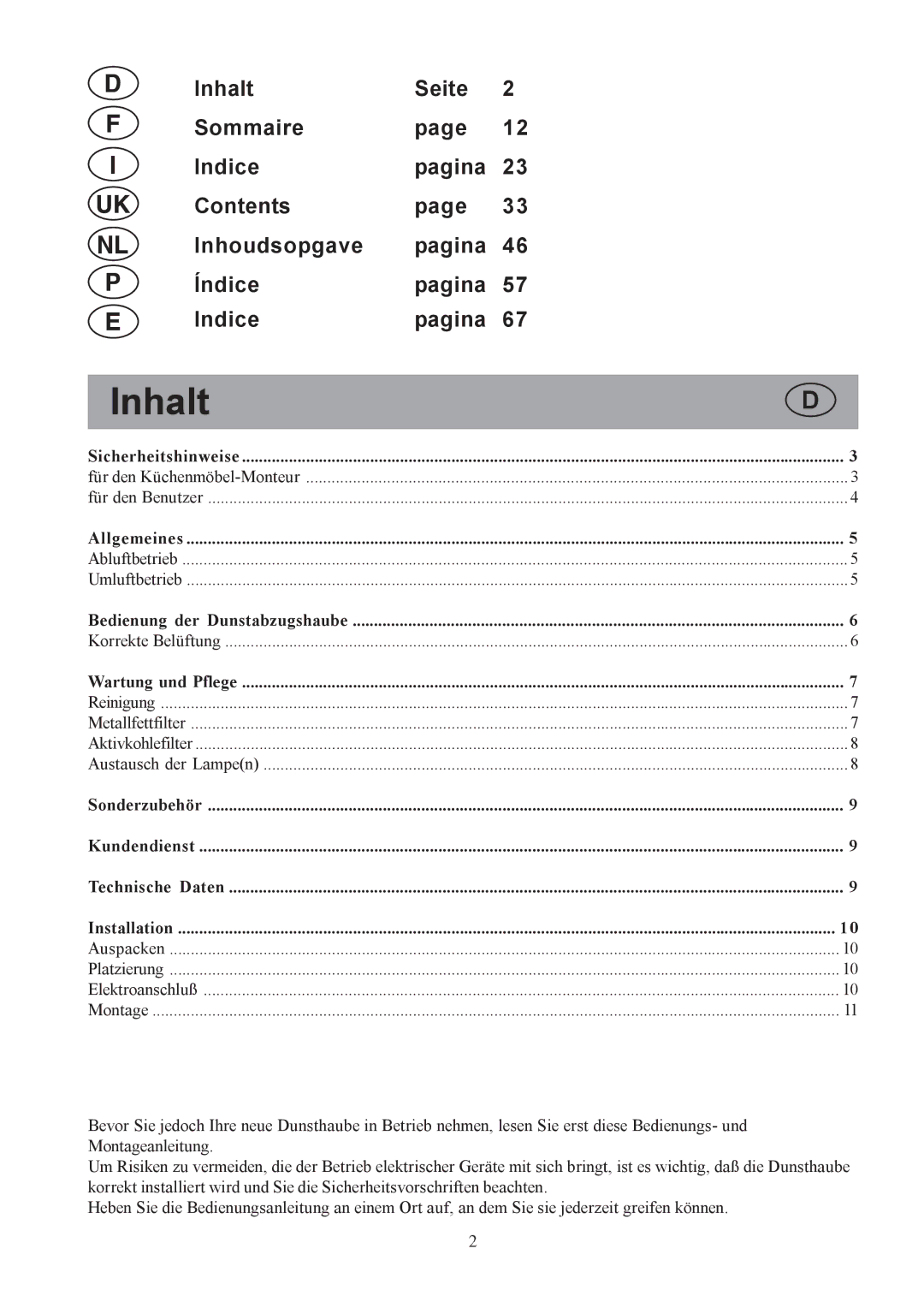 Electrolux CH1200-600-900, EFCL650, EFC650-950 user manual Inhalt, Aktivkohlefilter 