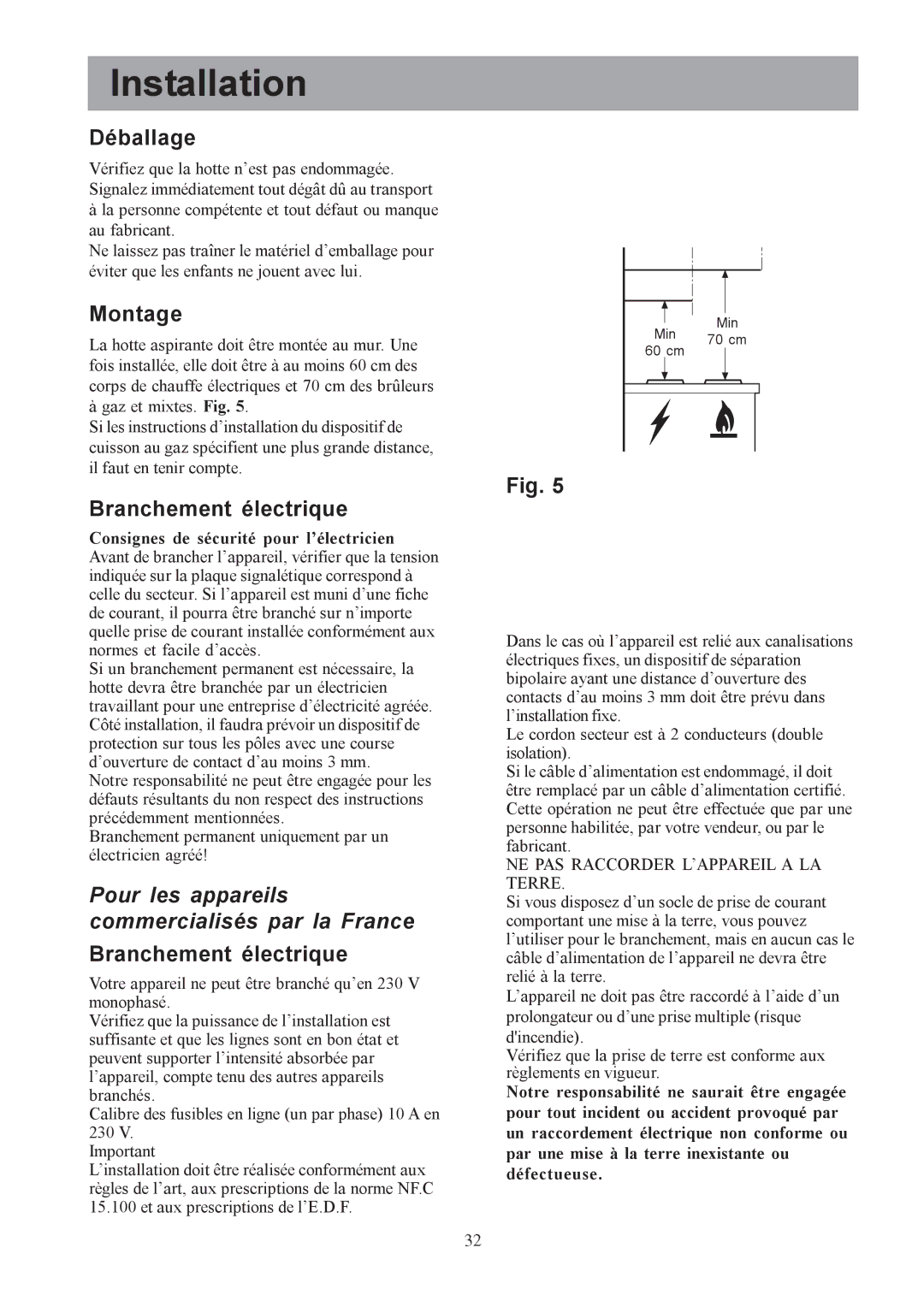 Electrolux EFCL650 Déballage, Montage, Branchement électrique, Branchement permanent uniquement par un électricien agréé 