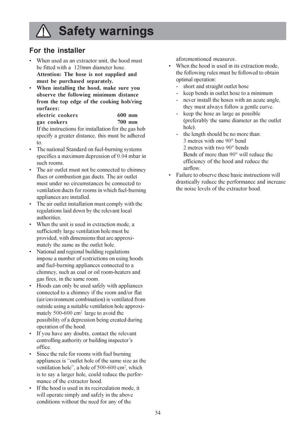 Electrolux EFC650-950, EFCL650, CH1200-600-900 user manual Safety warnings, For the installer 