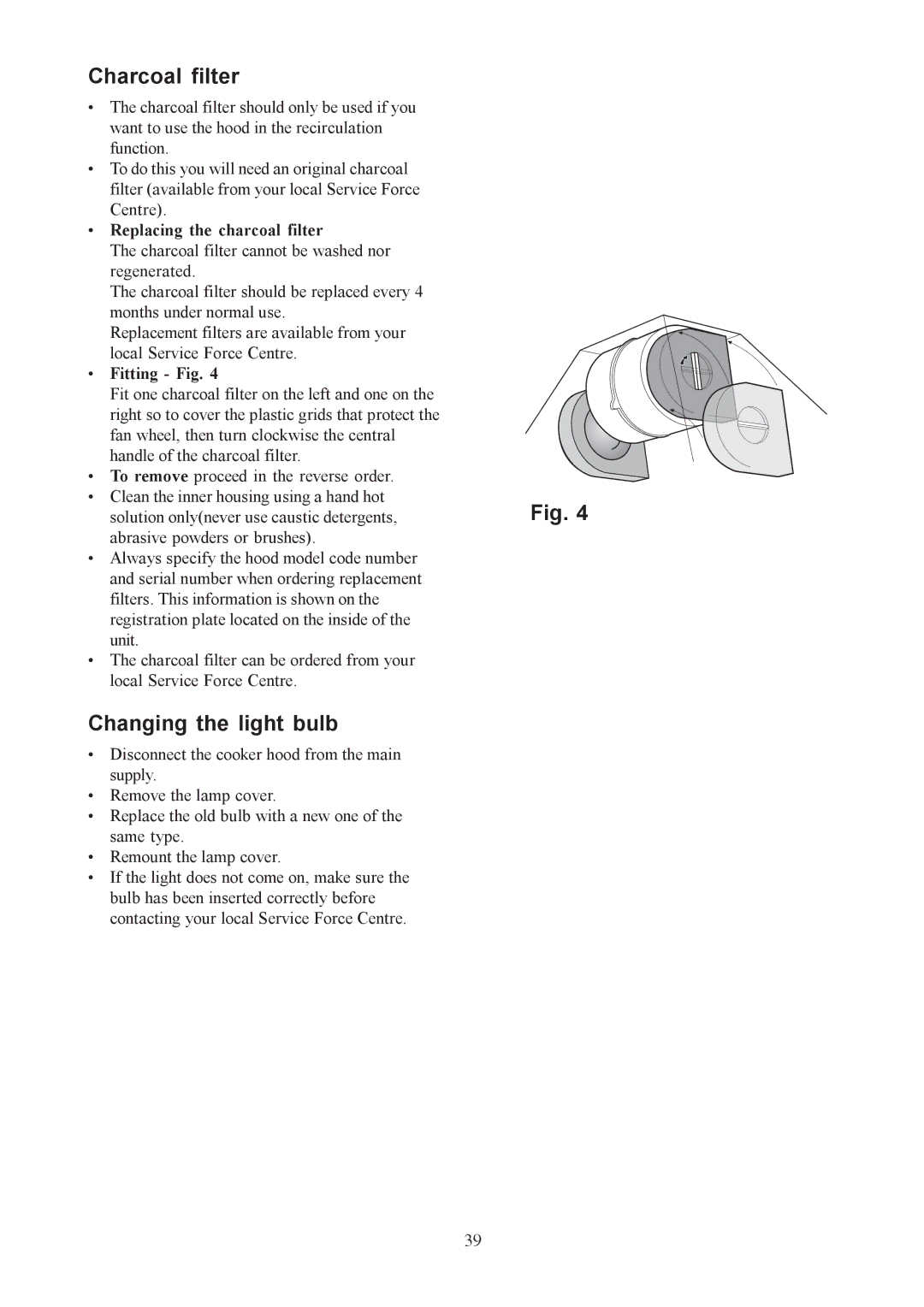 Electrolux EFCL650, EFC650-950, CH1200-600-900 user manual Charcoal filter, Changing the light bulb 