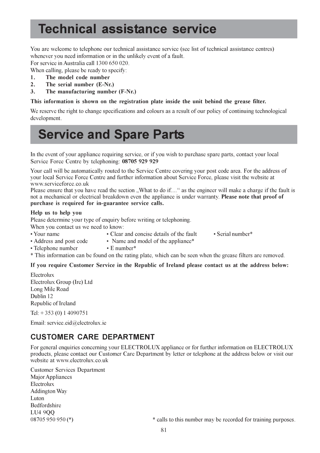 Electrolux CH1200-600-900, EFCL650, EFC650-950 user manual Technical assistance service, Service and Spare Parts 