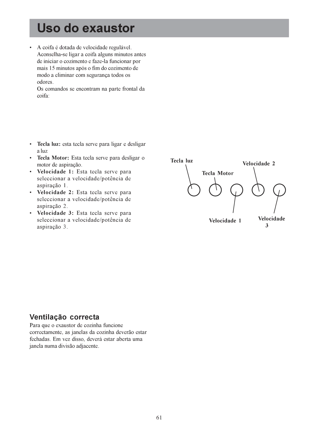 Electrolux EFC650-950, EFCL650 user manual Uso do exaustor, Ventilação correcta, Para que o exaustor de cozinha funcione 