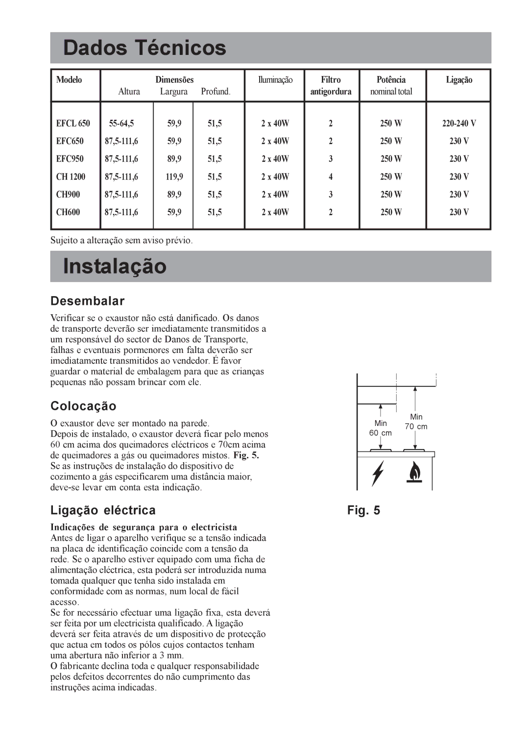 Electrolux CH1200-600-900, EFCL650, EFC650-950 Dados Técnicos, Instalação, Desembalar, Colocação, Ligação eléctrica 