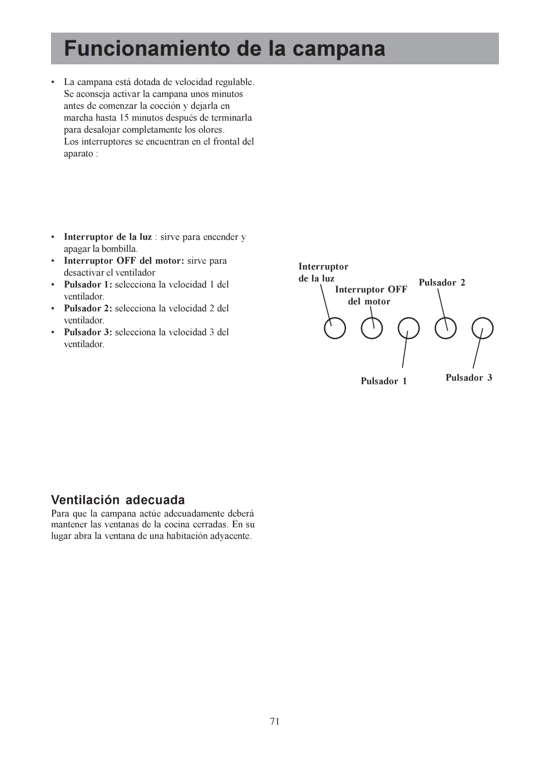 Electrolux CH1200-600-900, EFCL650, EFC650-950 user manual Funcionamiento de la campana, Ventilación adecuada 