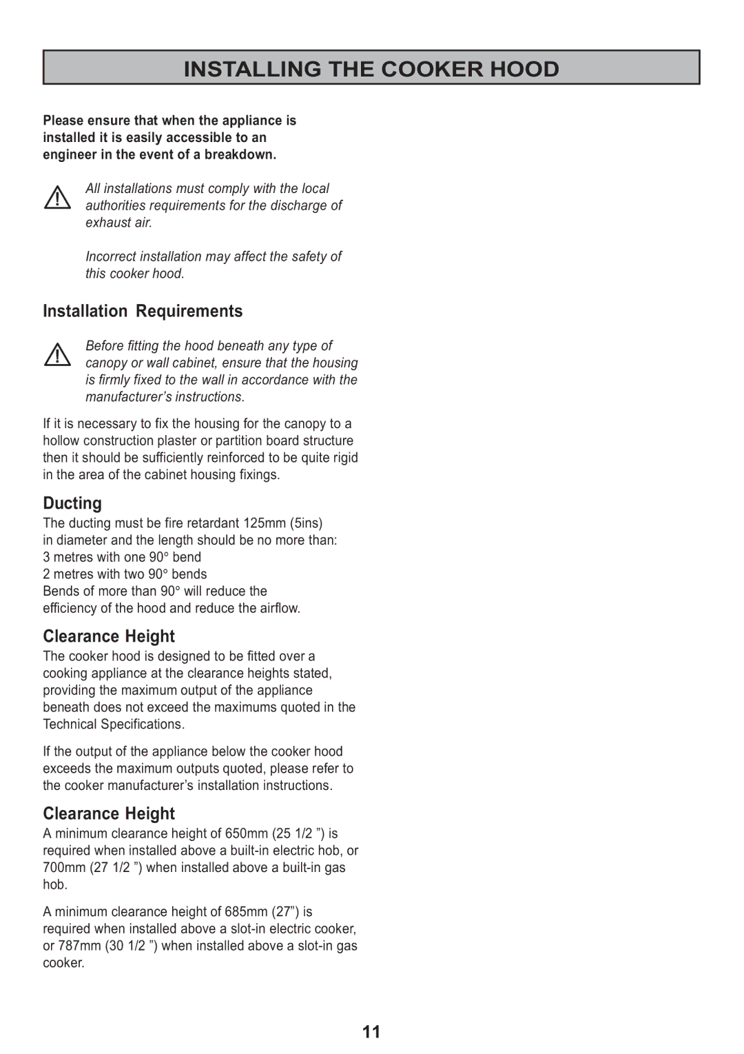 Electrolux EFG 525, EFG 530 manual Installing the Cooker Hood, Installation Requirements, Ducting, Clearance Height 