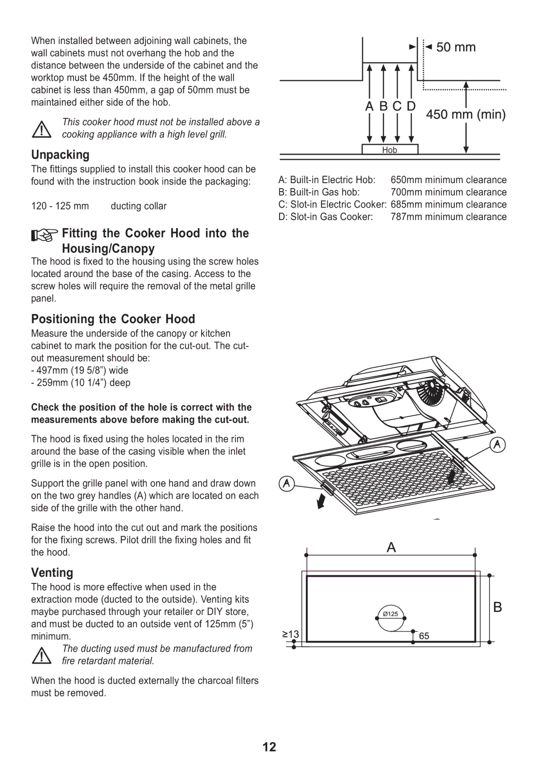 Electrolux EFG 530 manual Unpacking, Fitting the Cooker Hood into the Housing/Canopy, Positioning the Cooker Hood, Venting 