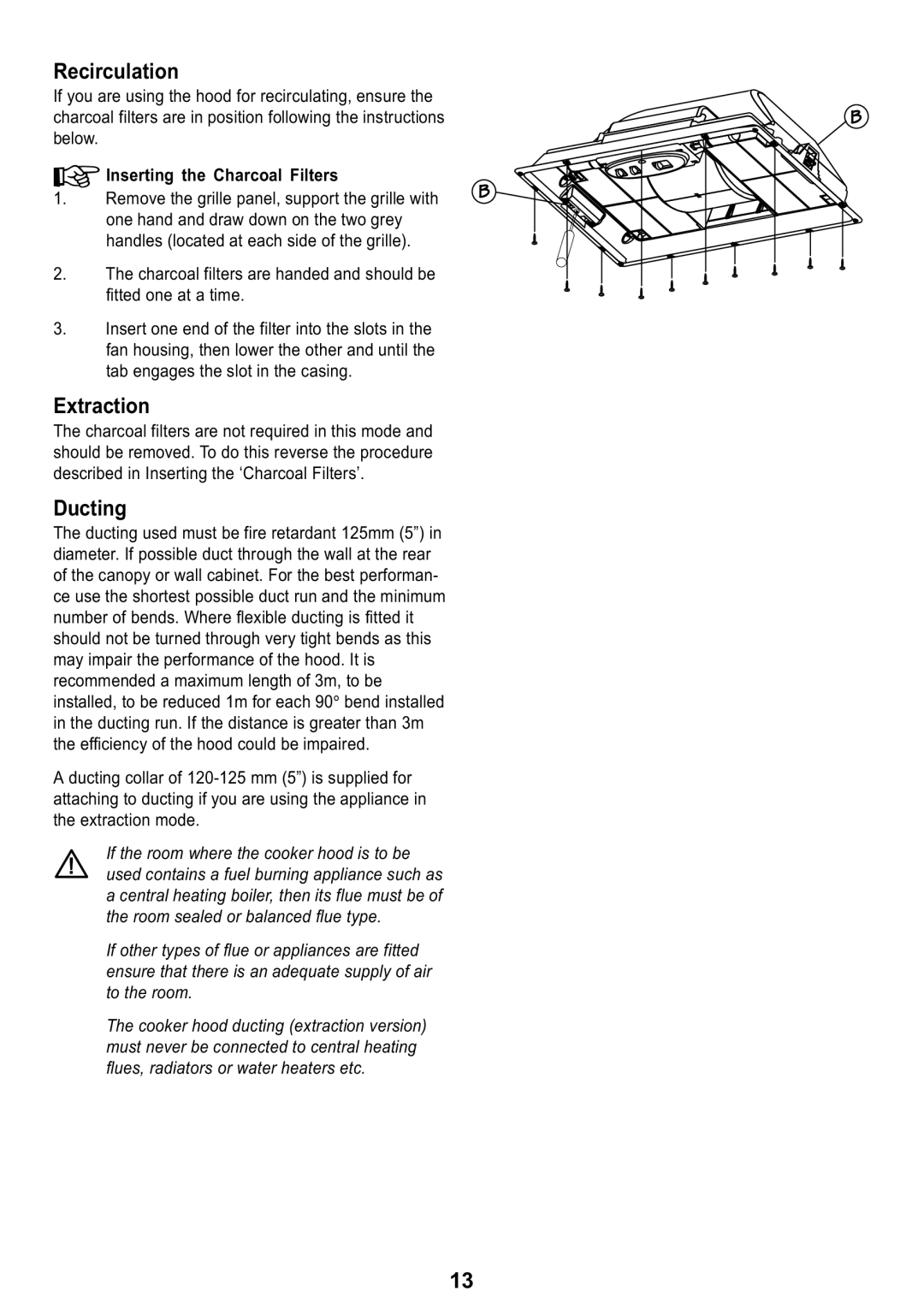 Electrolux EFG 525, EFG 530 manual Recirculation, Inserting the Charcoal Filters 