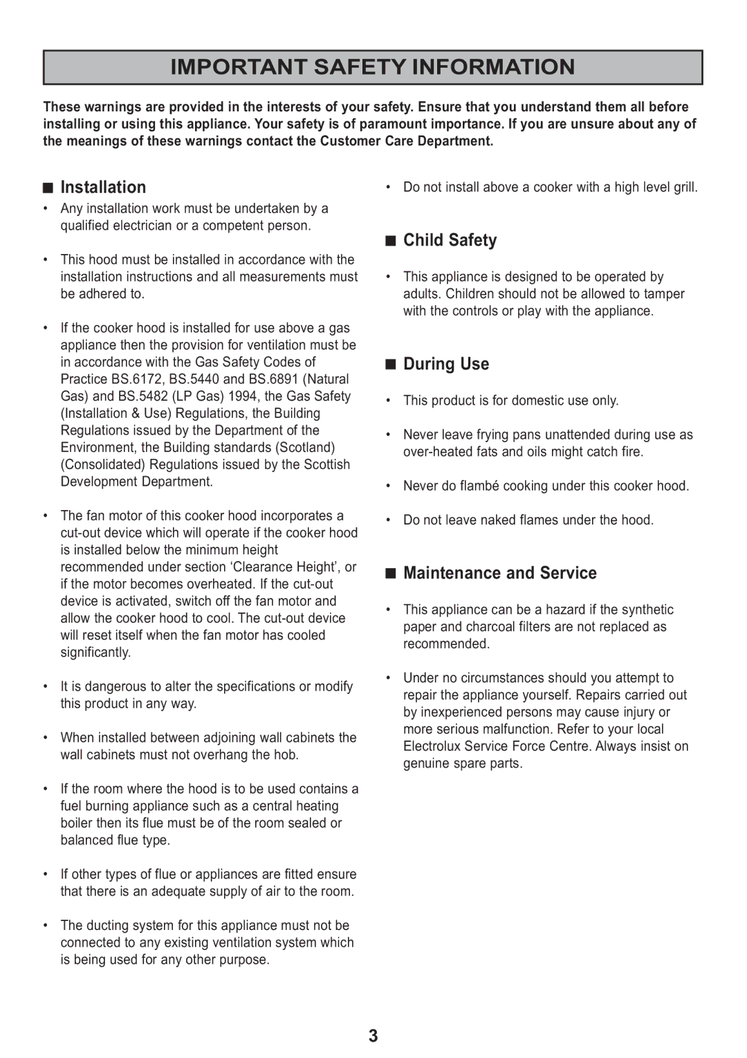 Electrolux EFG 525, EFG 530 Important Safety Information, Installation, Child Safety, During Use, Maintenance and Service 