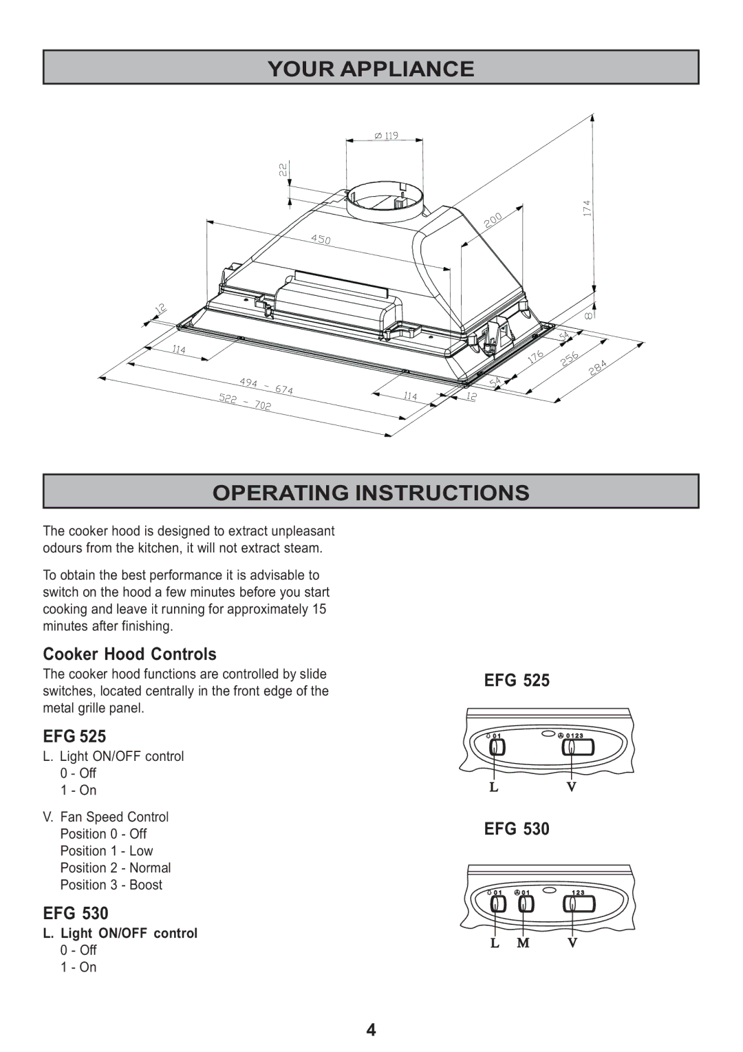 Electrolux EFG 530, EFG 525 Your Appliance Operating Instructions, Cooker Hood Controls, Efg, Light ON/OFF control 0 Off 