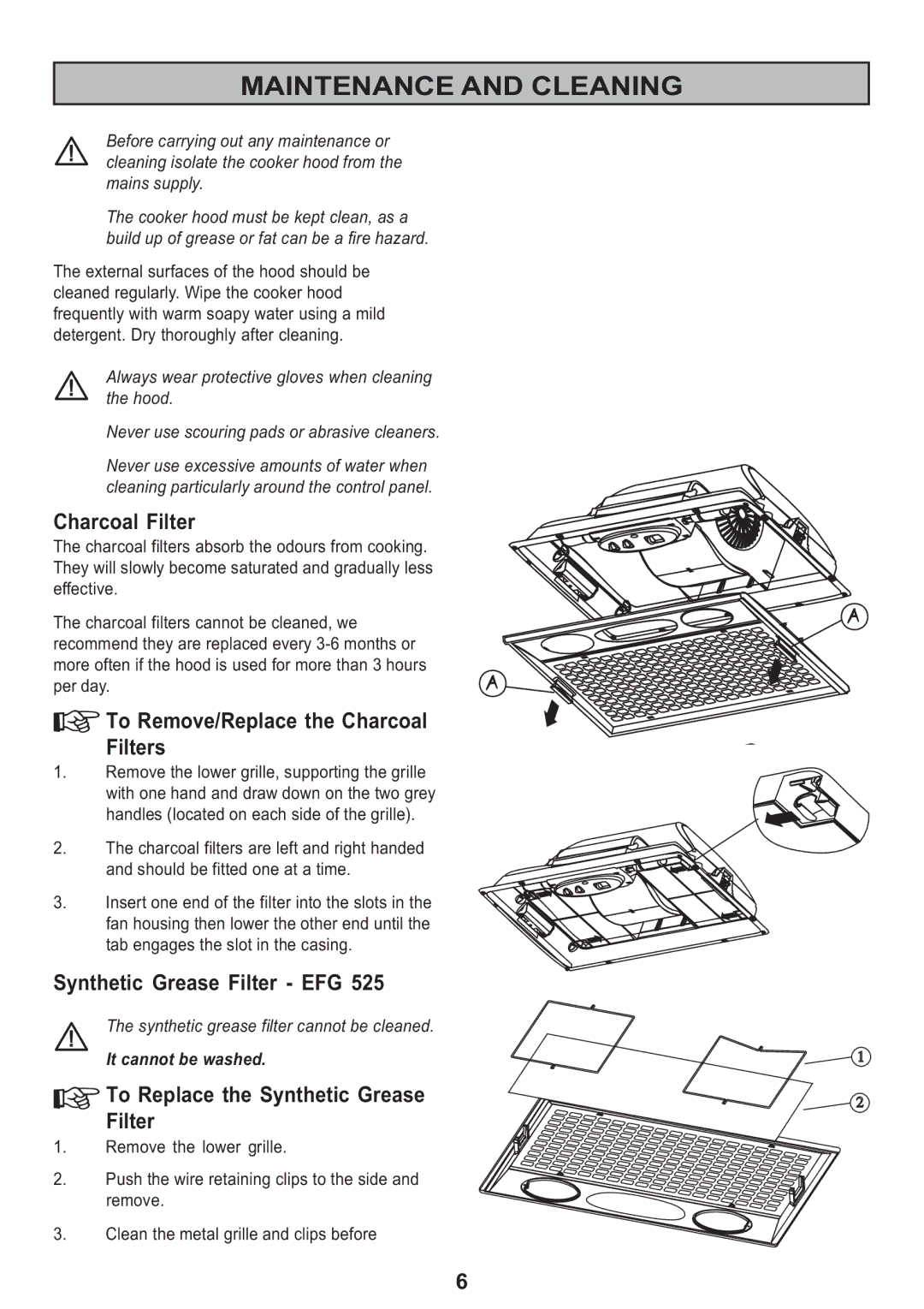 Electrolux EFG 530 manual Maintenance and Cleaning, To Remove/Replace the Charcoal Filters, Synthetic Grease Filter EFG 