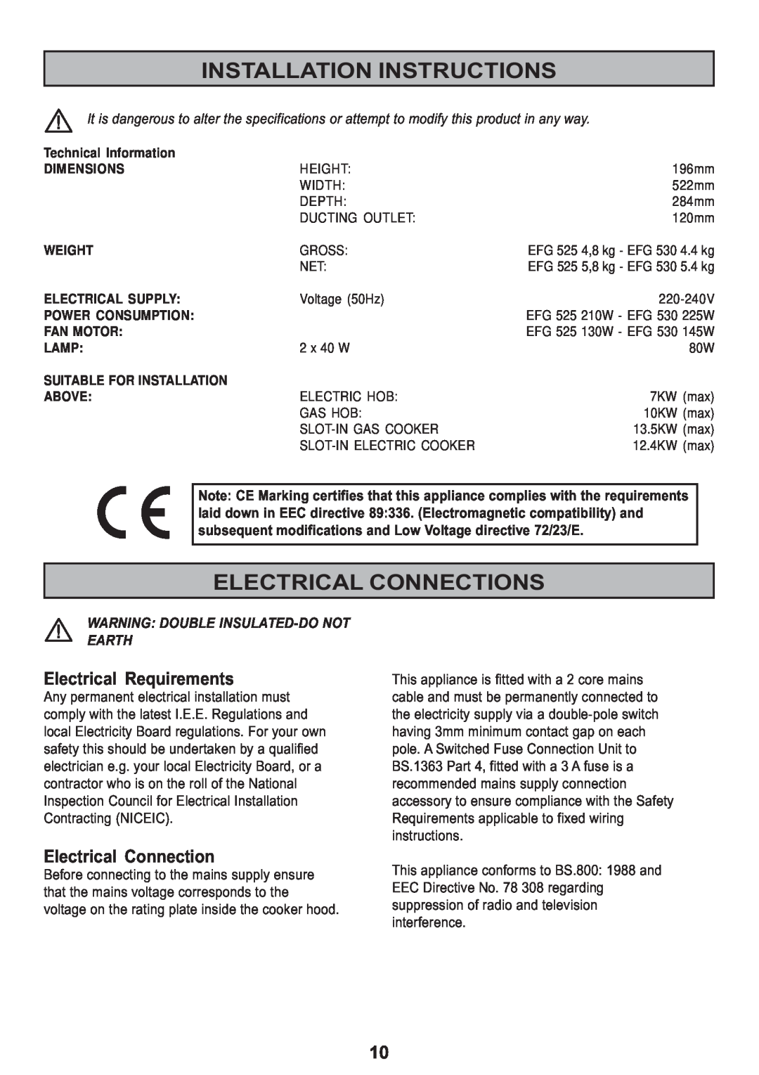 Electrolux EFG 530, EFG 525 manual Installation Instructions, Electrical Connections, Electrical Requirements 