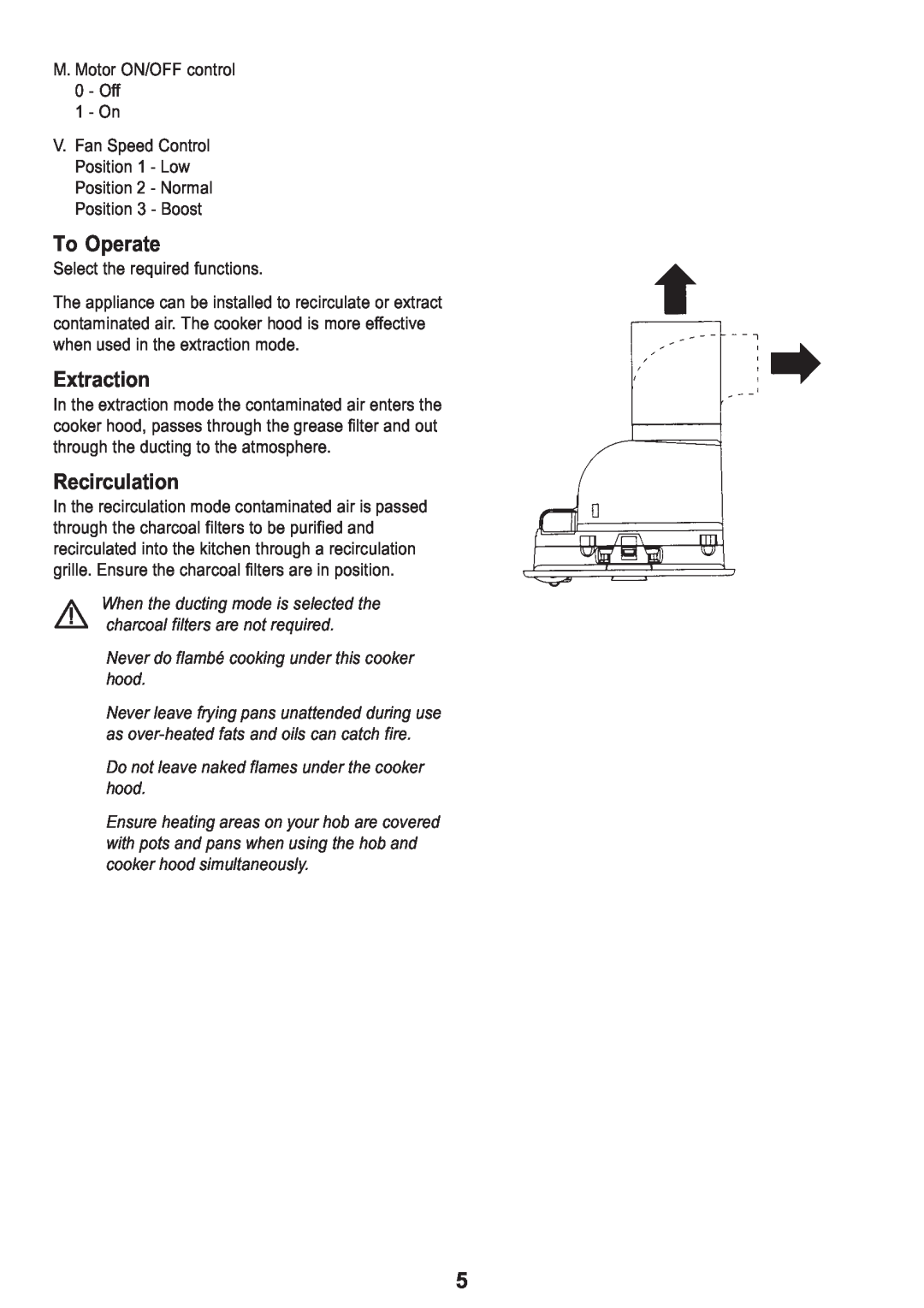 Electrolux EFG 525, EFG 530 manual To Operate, Extraction, Recirculation, Never do flambé cooking under this cooker hood 