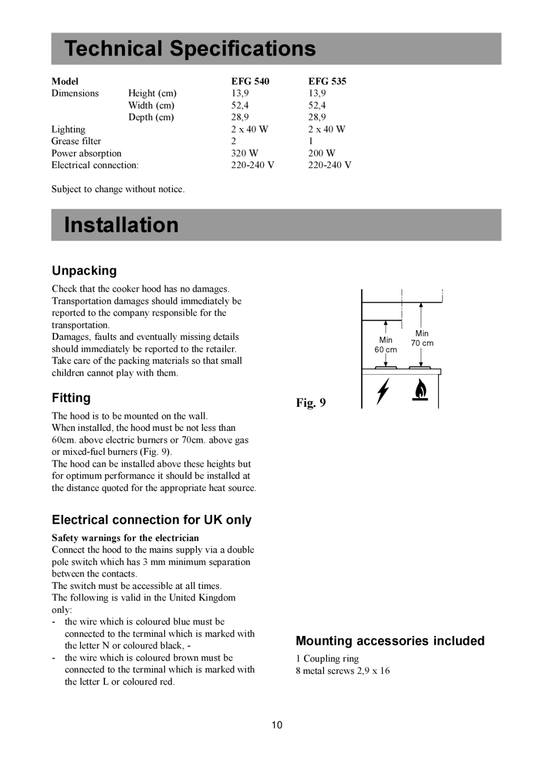 Electrolux EFG 535, EFG 540 user manual Technical Specifications, Installation 