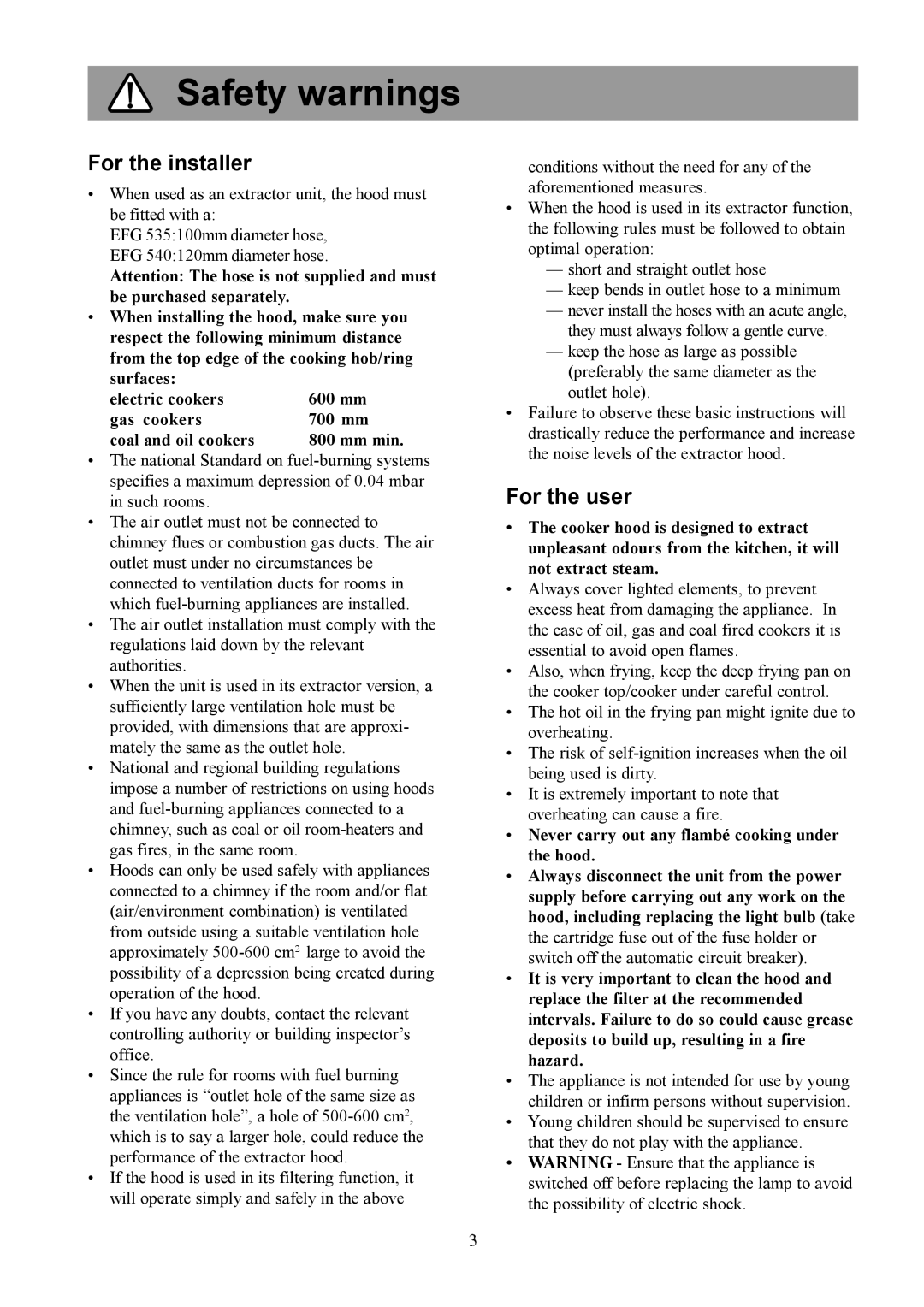 Electrolux EFG 540, EFG 535 user manual Safety warnings, For the installer, For the user 