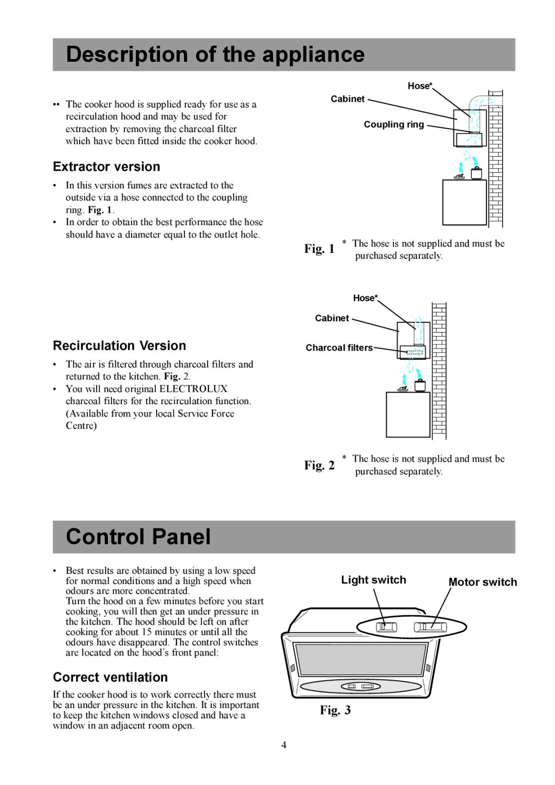 Electrolux EFG 535, EFG 540 Description of the appliance, Control Panel, Extractor version, Recirculation Version 