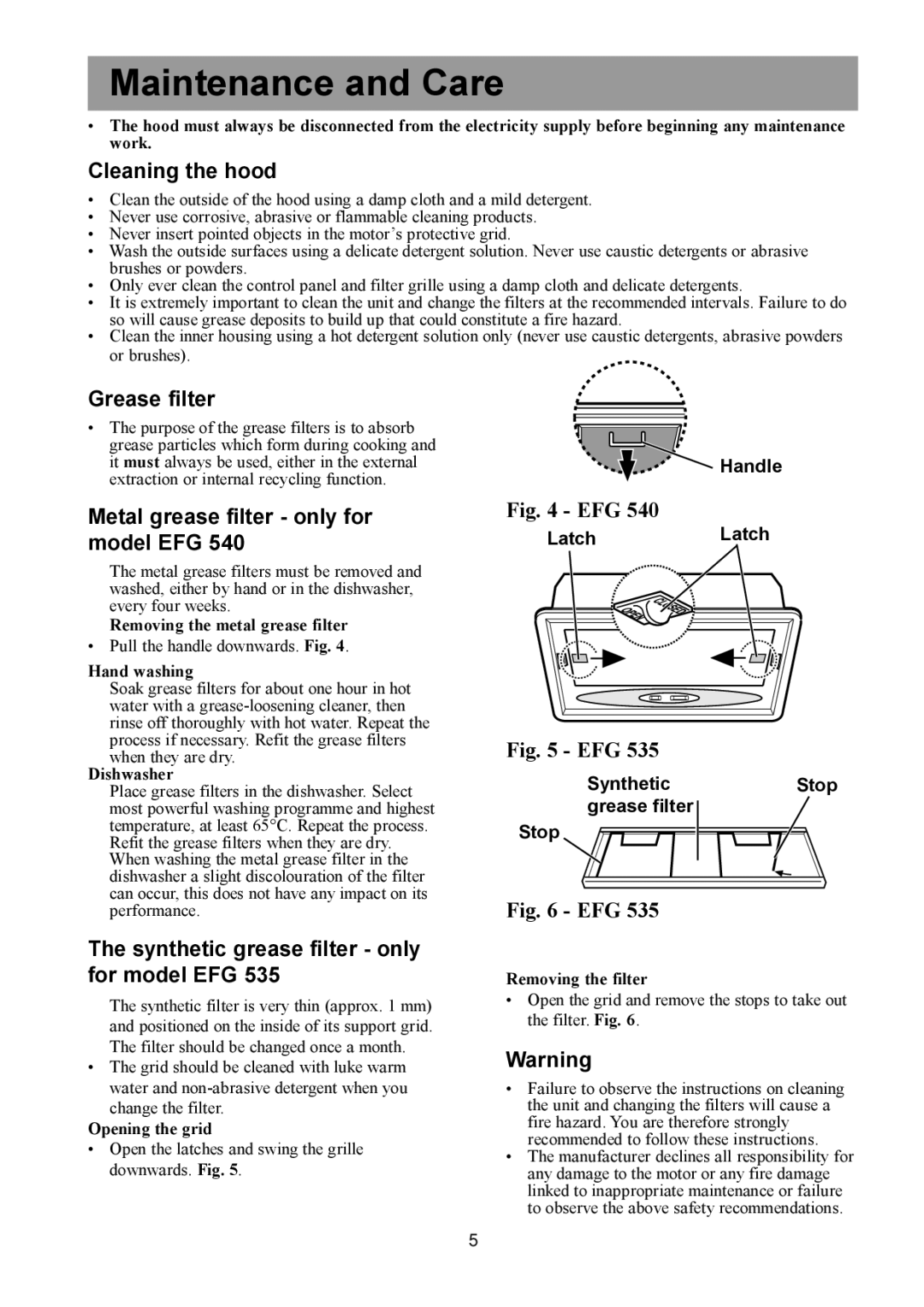 Electrolux EFG 540, EFG 535 user manual Maintenance and Care 