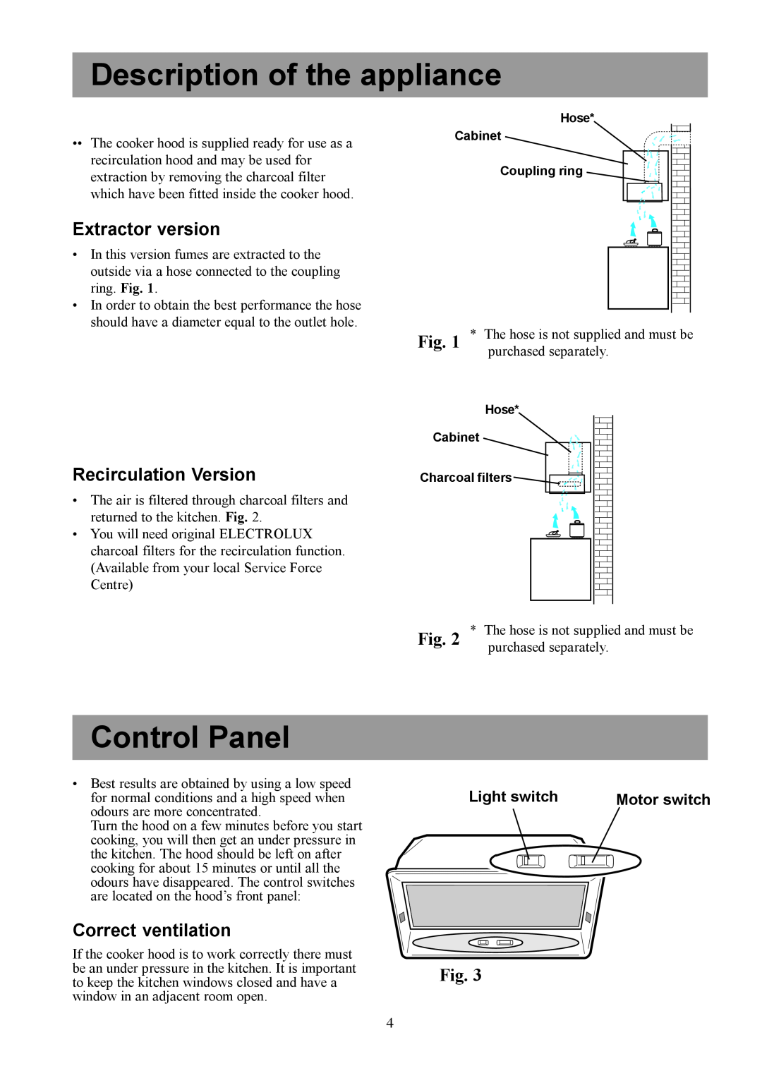 Electrolux EFG 535 Description of the appliance, Control Panel, Extractor version, Recirculation Version, Light switch 