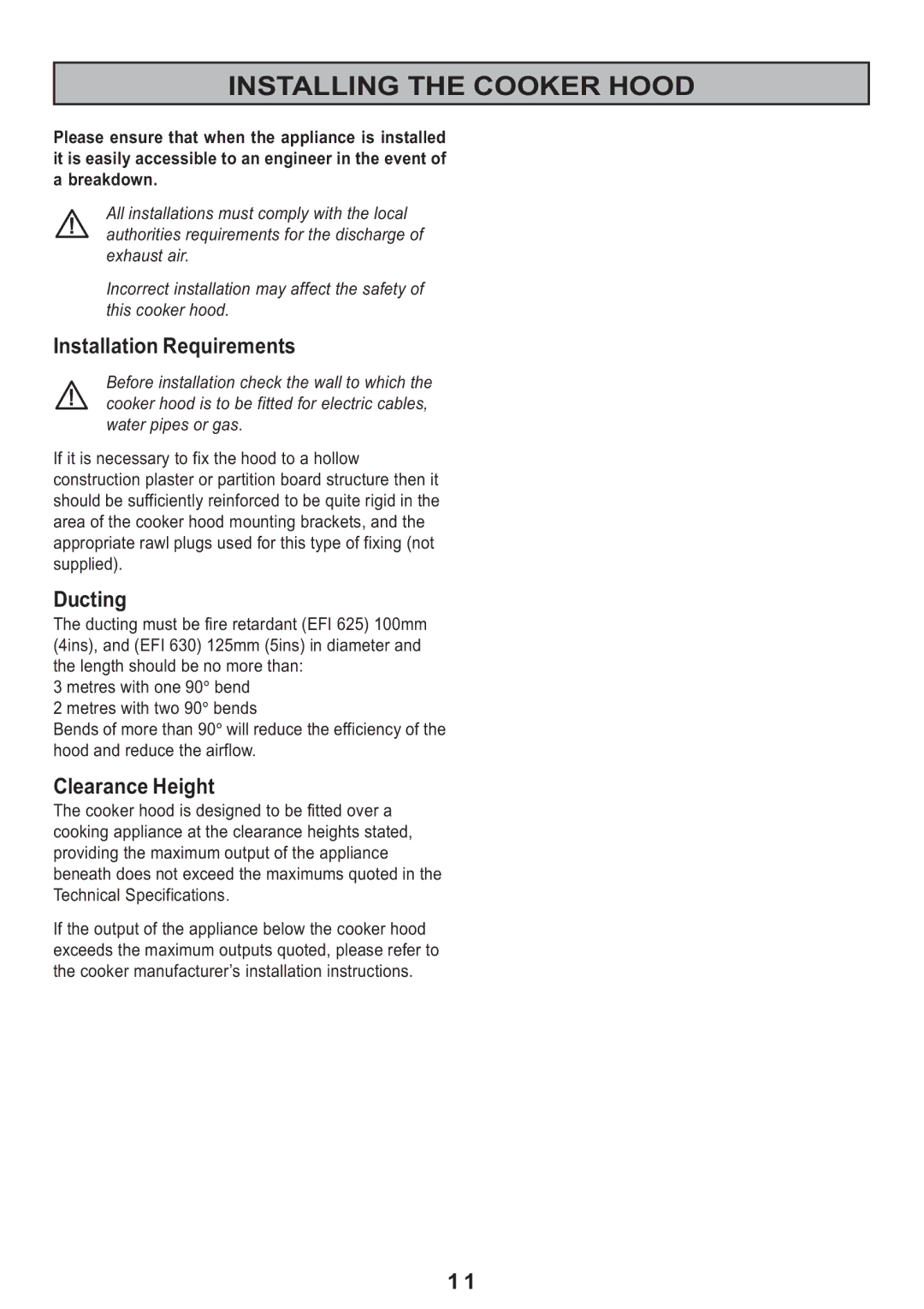 Electrolux EFI 625 manual Installing the Cooker Hood, Installation Requirements, Ducting, Clearance Height 