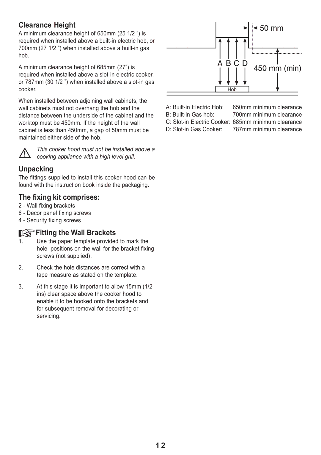 Electrolux EFI 625 manual Unpacking, Fixing kit comprises, Fitting the Wall Brackets 