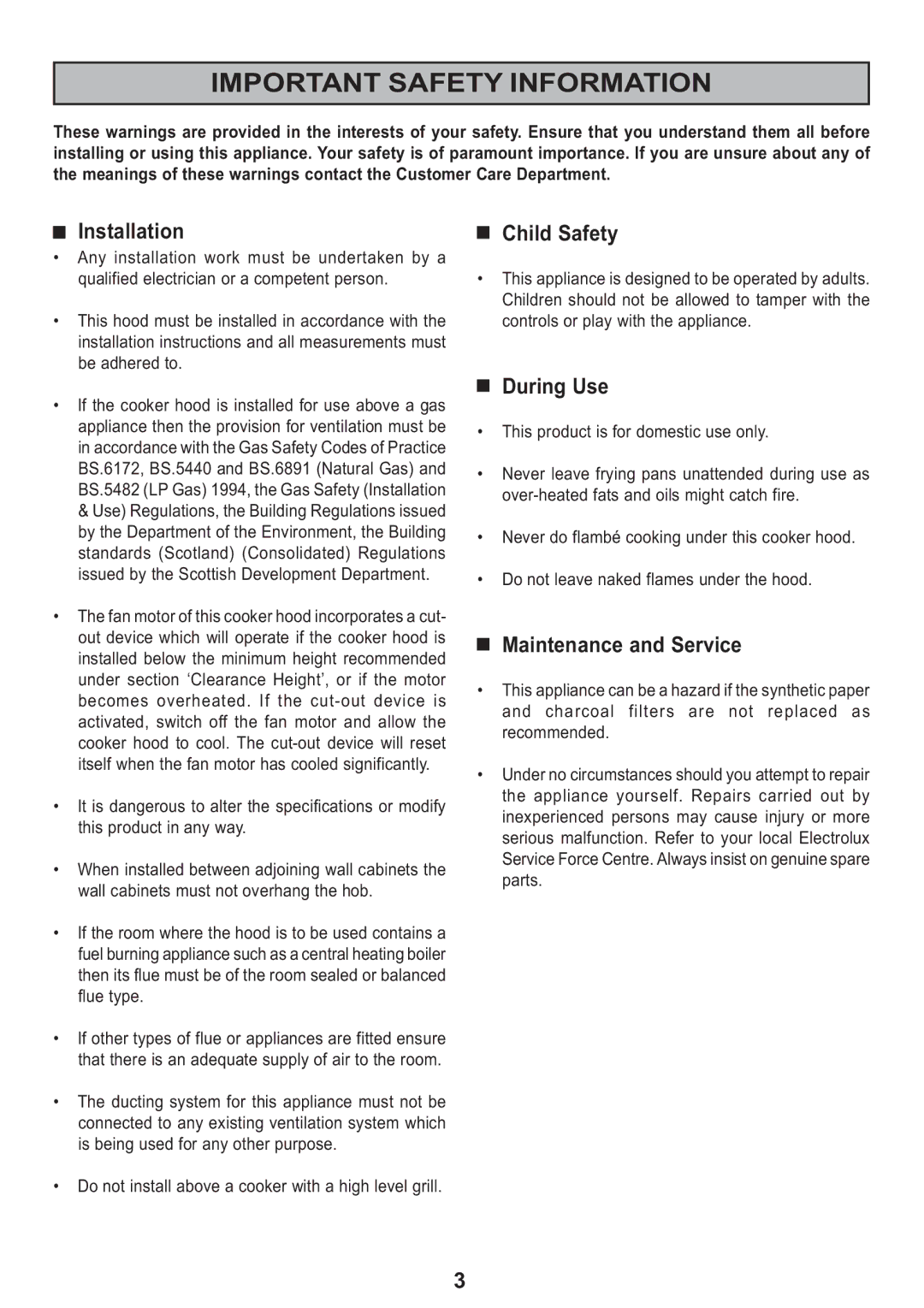 Electrolux EFI 625 manual Important Safety Information, Installation, Child Safety, During Use, Maintenance and Service 