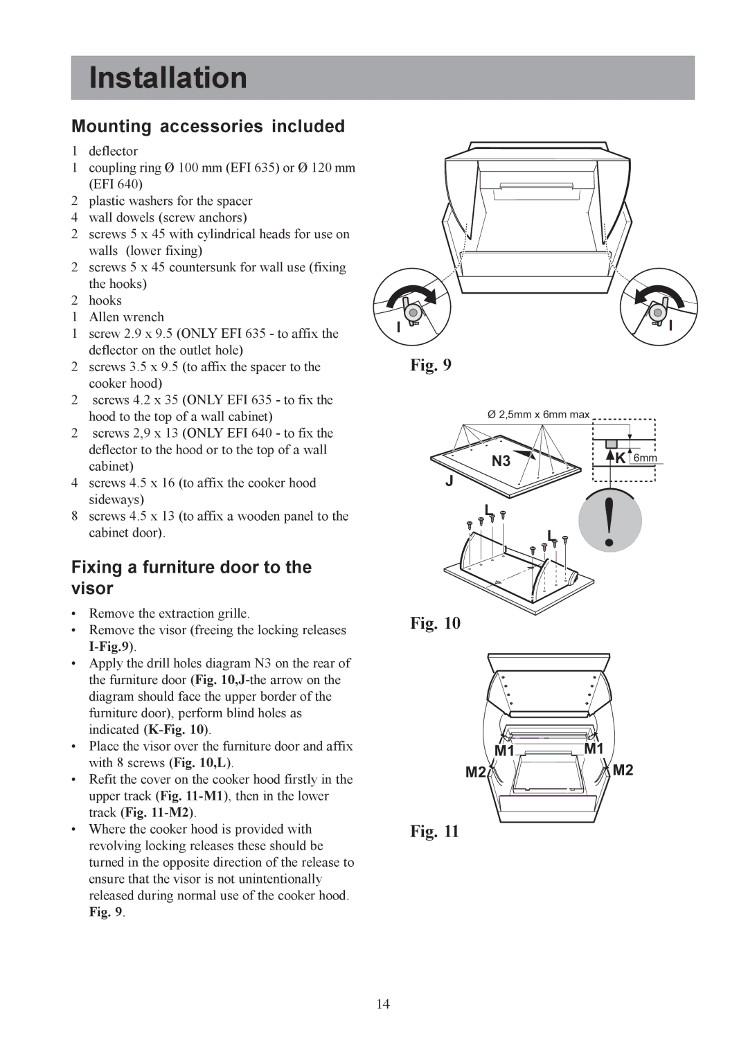 Electrolux EFI 635, EFI 640 user manual Mounting accessories included, Fixing a furniture door to the visor 