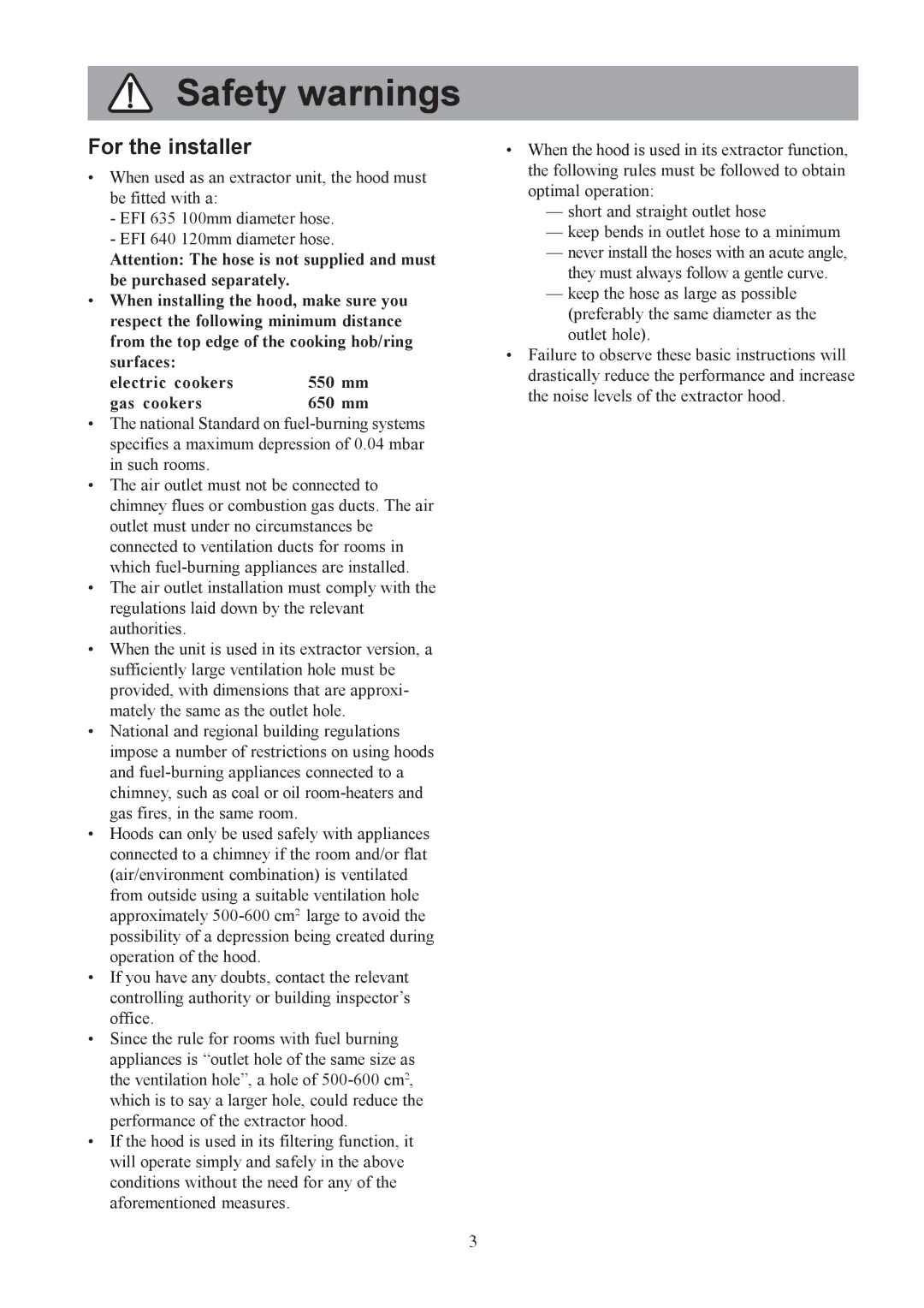 Electrolux EFI 640, EFI 635 user manual Safety warnings, For the installer 